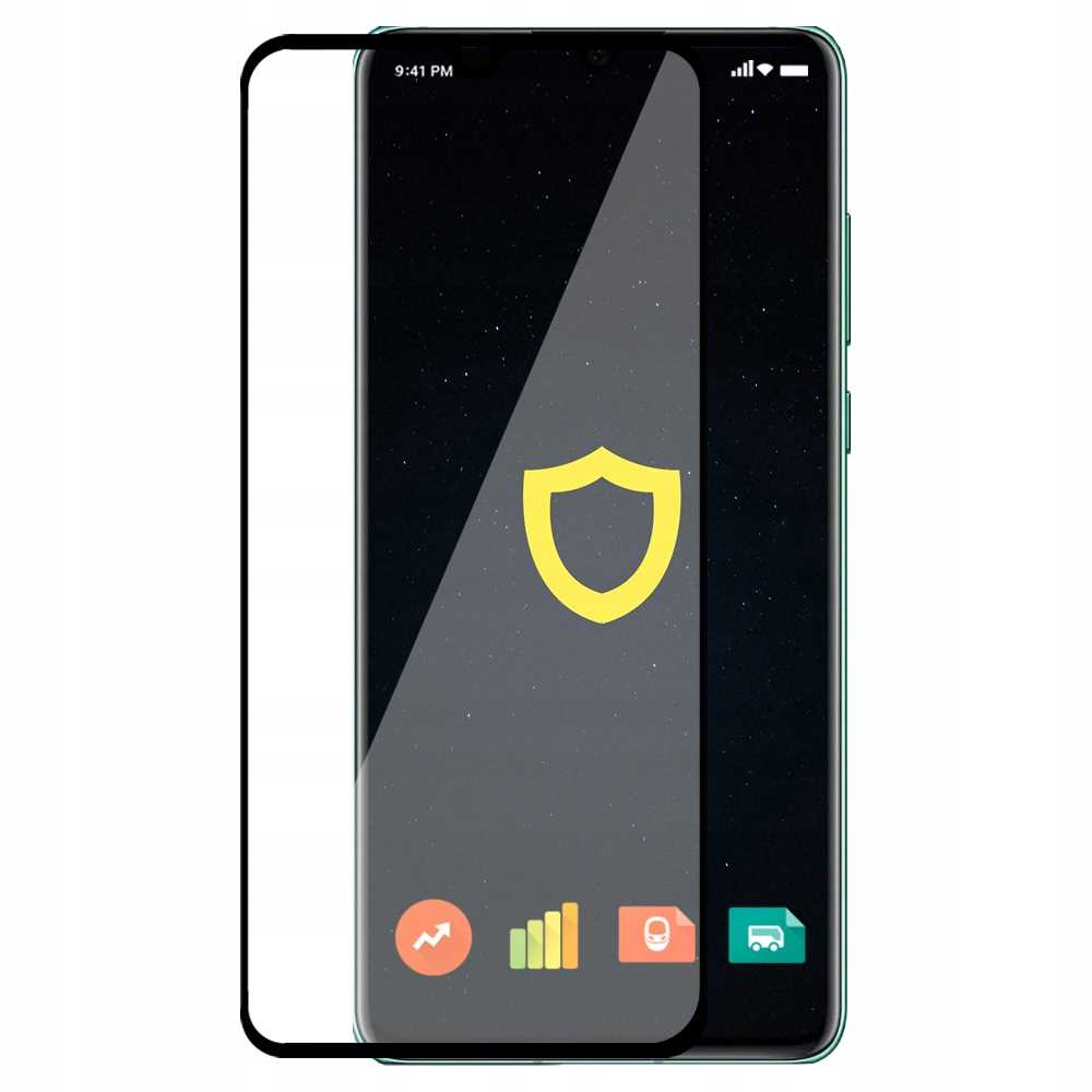Czarny telefon z ochroną ekranu i czarnym opakowaniem. Widoczny tekst i logo. Białe tło.