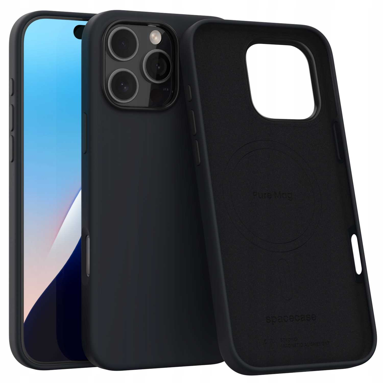 Czarne etui na telefon z telefonem w środku. Na etui napisano 'Pure Mag' i 'spacecase'.