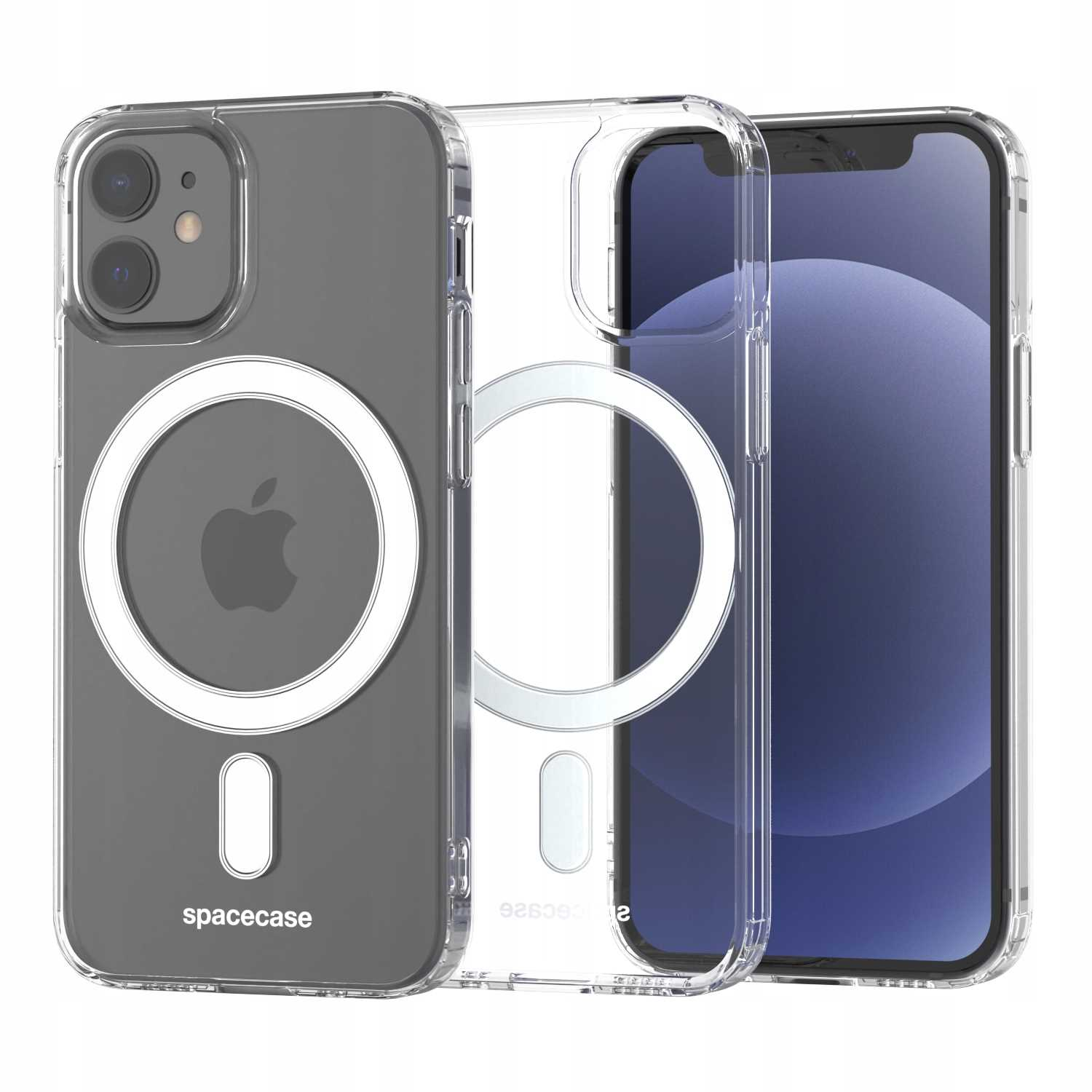 Przezroczyste etui na telefon z telefonem w środku. Etui mają magnetyczne koło z logo Apple i napis 'spacecase'.