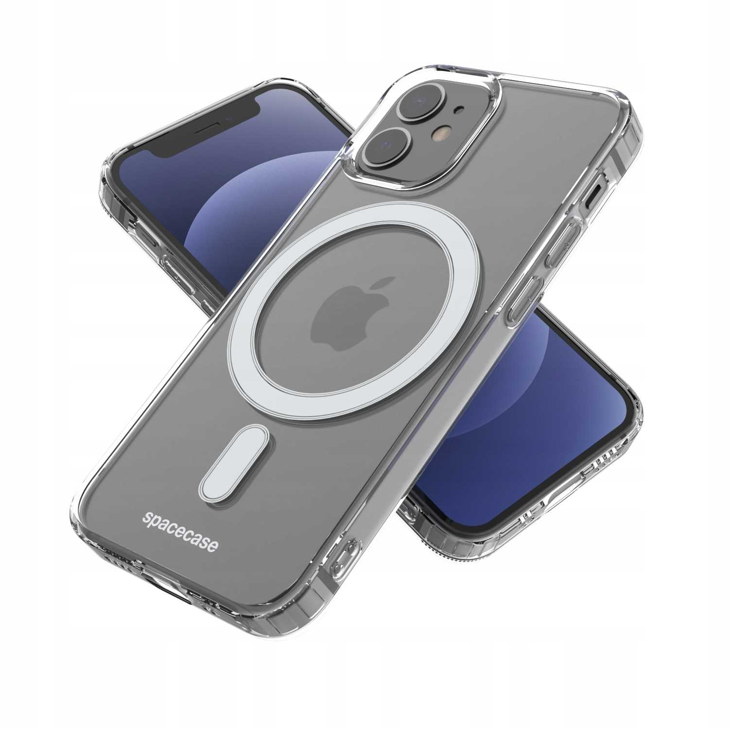 Przezroczyste etui na telefon z telefonem w środku. Etui ma magnetyczne koło z logo Apple i napis 'spacecase'.