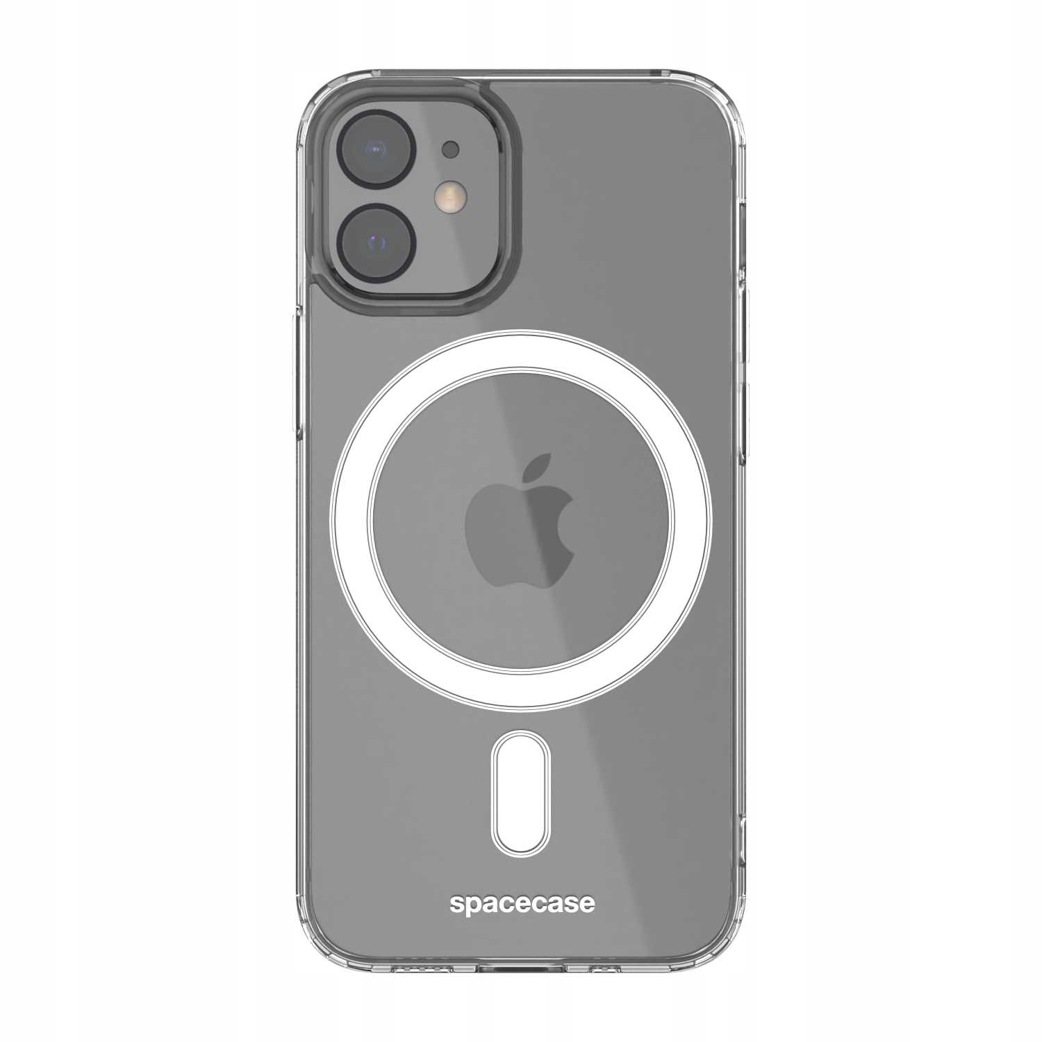 Przezroczyste etui na telefon z białym okręgiem i logo Apple w środku. Pod spodem symbol minusa i napis "spacecase".