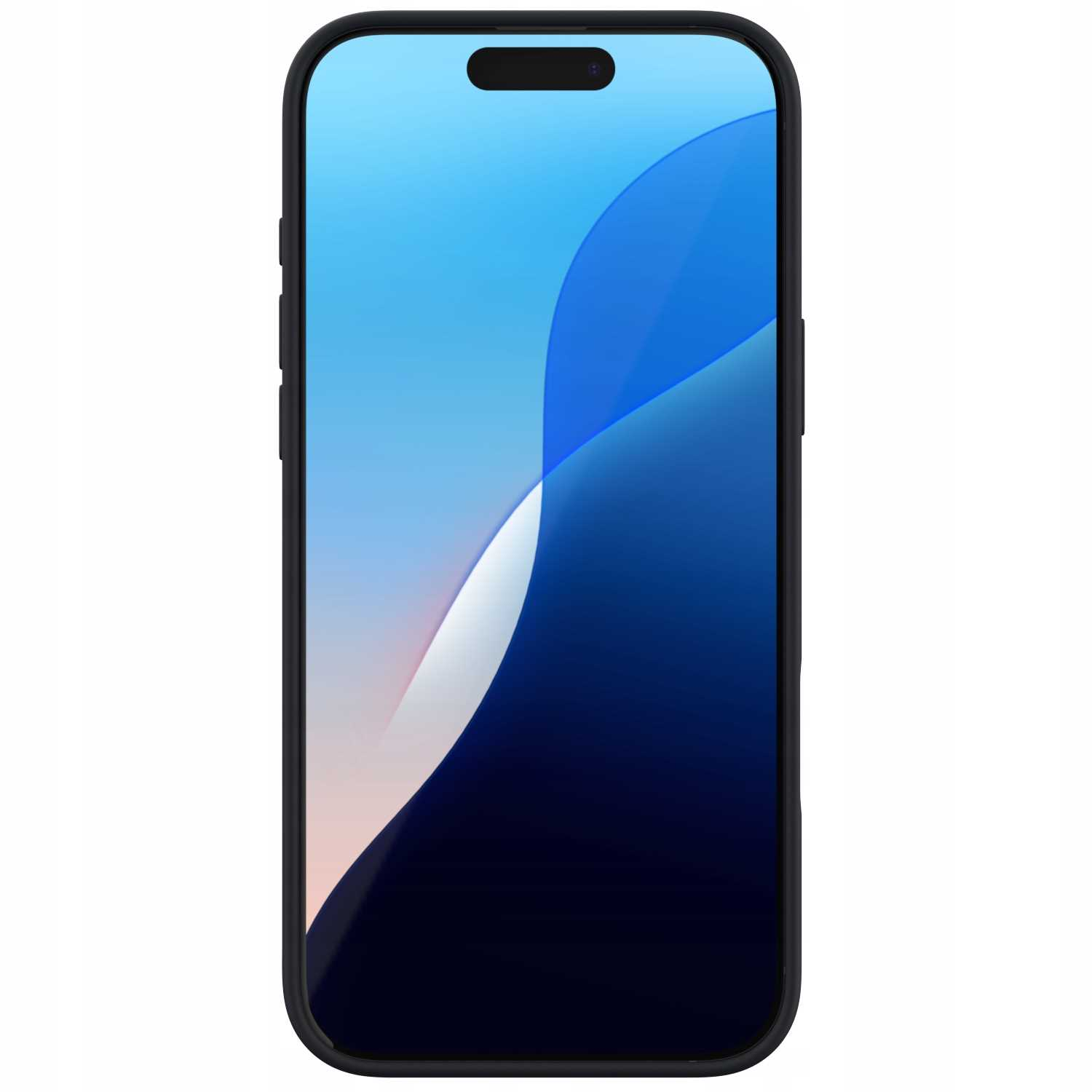 Ekran telefonu z niebiesko-białą tapetą, w czarnym etui. Telefon leży na białej powierzchni.