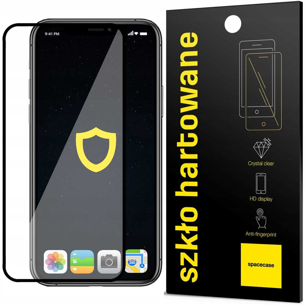 Ochraniacz ekranu telefonu z telefonem i opakowaniem, tekst na opakowaniu.