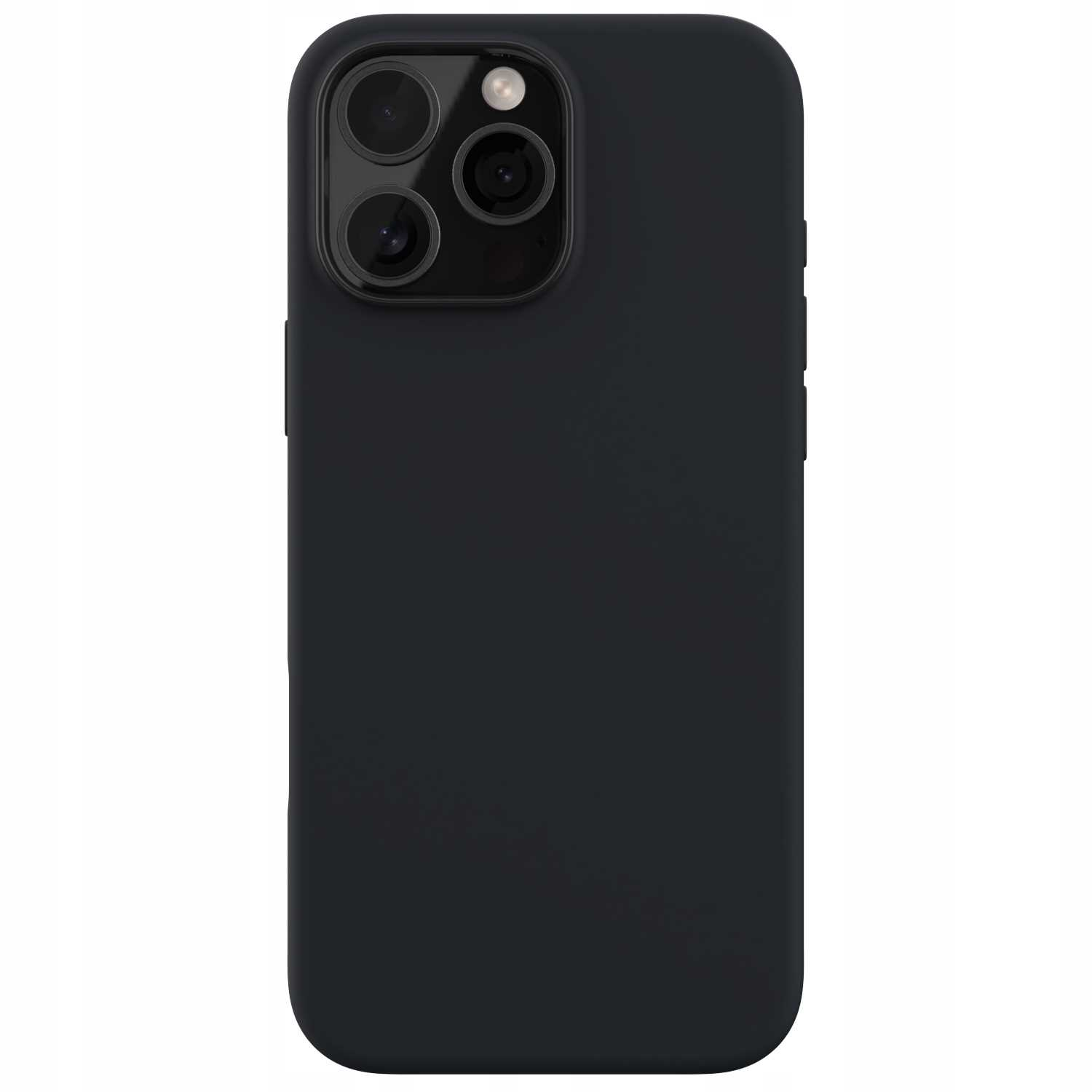 Czarne etui na telefon z trzema obiektywami. To etui o gładkiej powierzchni.