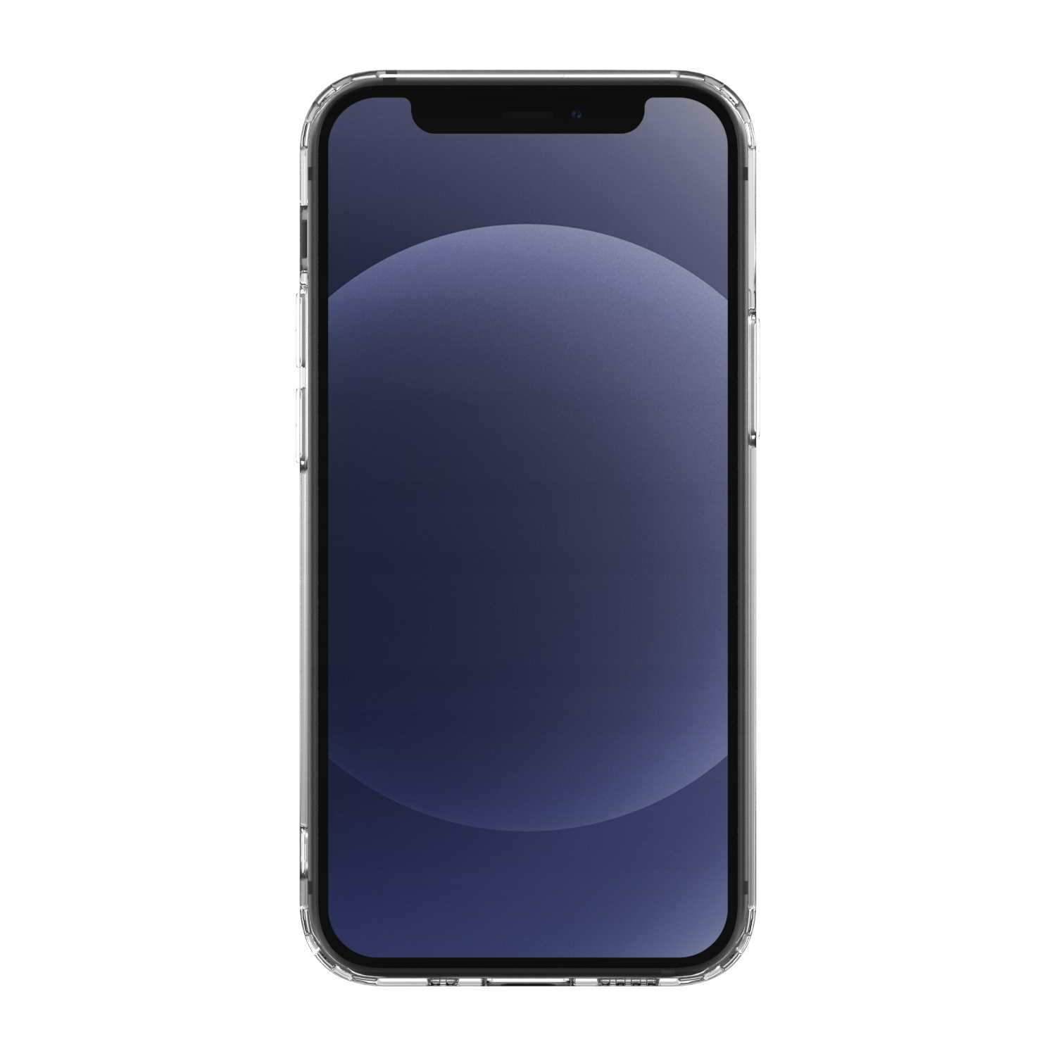 Przezroczyste etui z telefonem w środku. Telefon ma ciemnoniebieski ekran. Białe tło.
