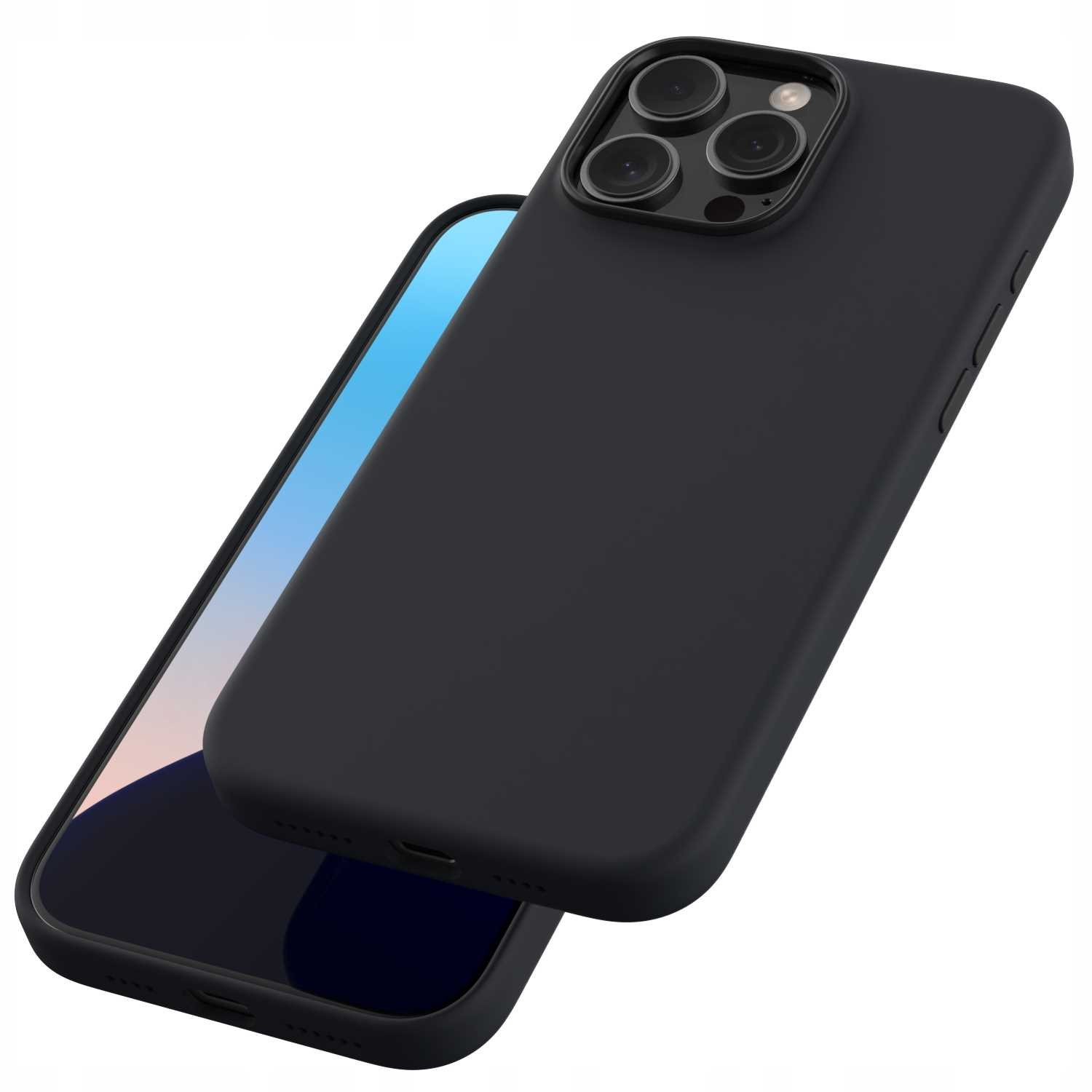 Czarne etui na telefon z telefonem w środku, lekko pochylone. Etui ma otwory na aparat i gładką powierzchnię.