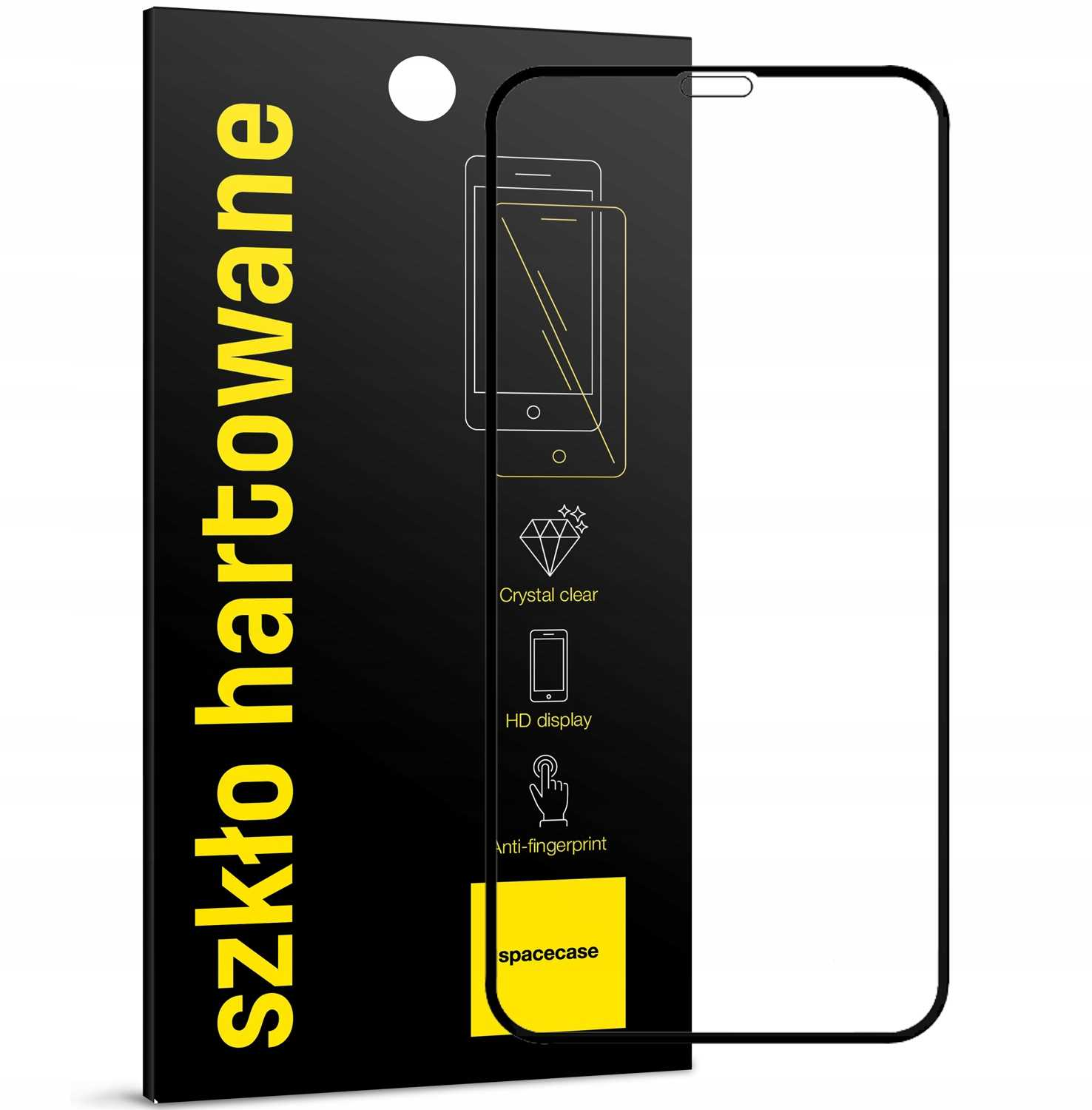 Ochraniacz ekranu z czarnym tłem i żółtym tekstem, który mówi szkło hartowane. Ma kontur telefonu.