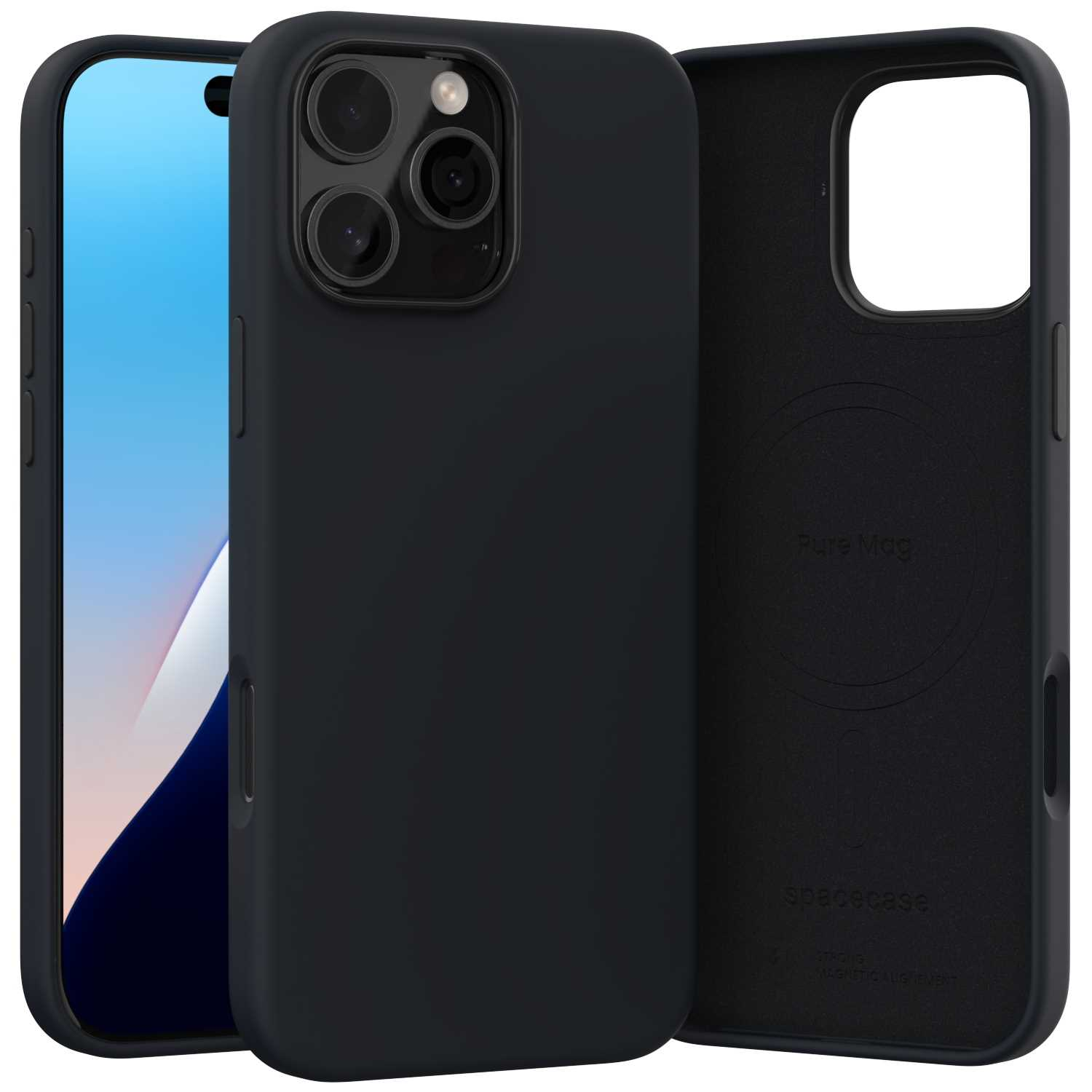 Czarne etui na telefon z telefonem w środku i otwartym etui z boku. Napisano Pure Mag i spacecase.