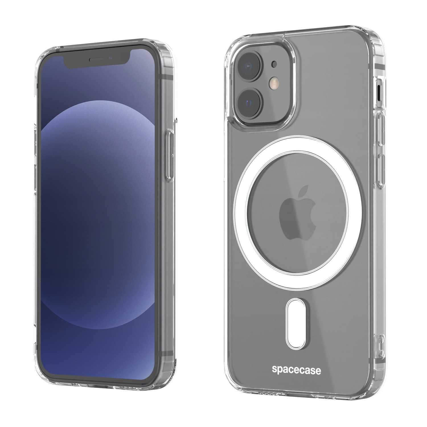 Przezroczyste etui na telefon z telefonem w środku. Etui ma białe kółko i widoczne logo spacecase.