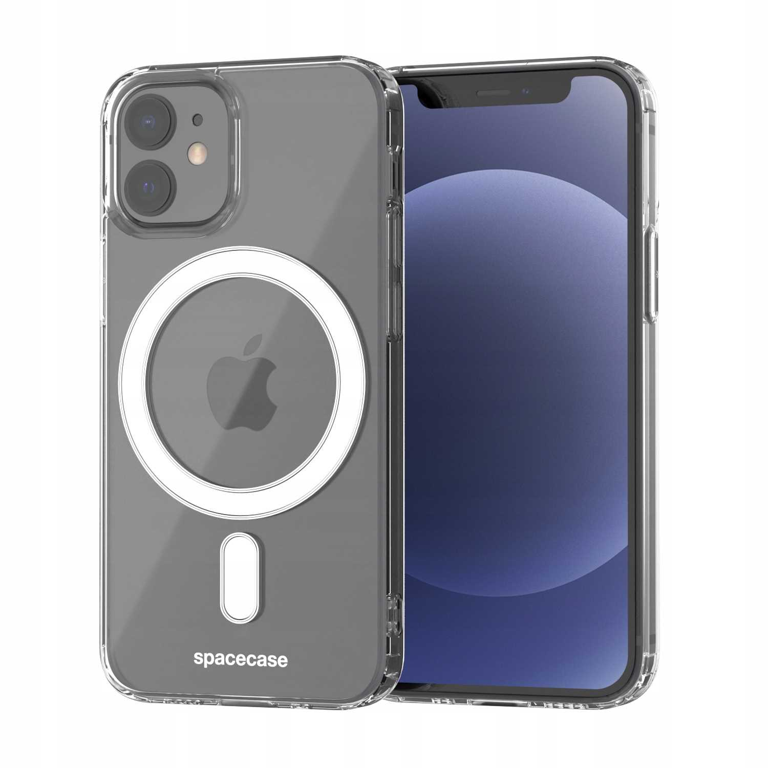 Przezroczyste etui na telefon z białym okręgiem i telefonem w środku. Etui ma czarne logo Apple i napis spacecase.