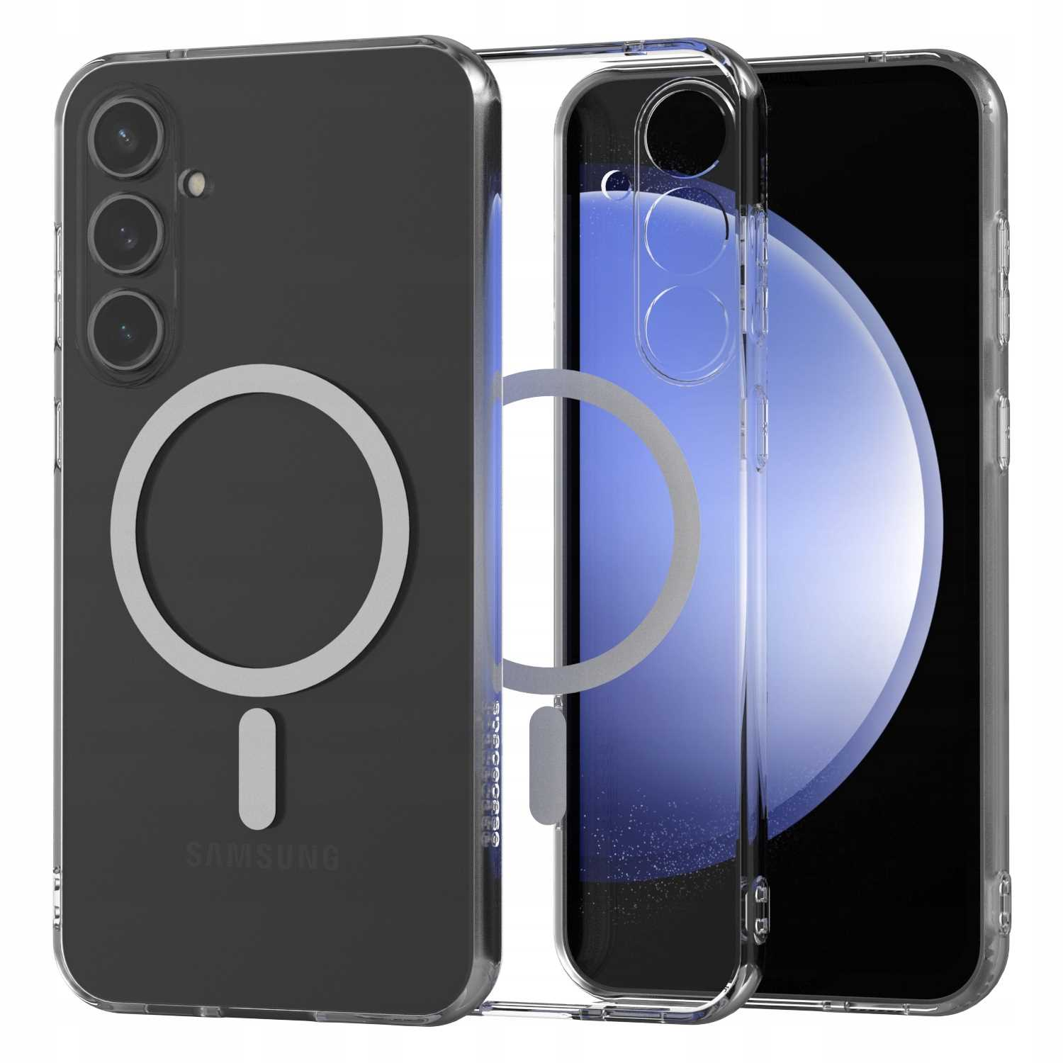 Trzy etui na telefon, jedno z białym okręgiem i czarnym etui, dwa pozostałe są przezroczyste i wszystkie mają napis samsung.
