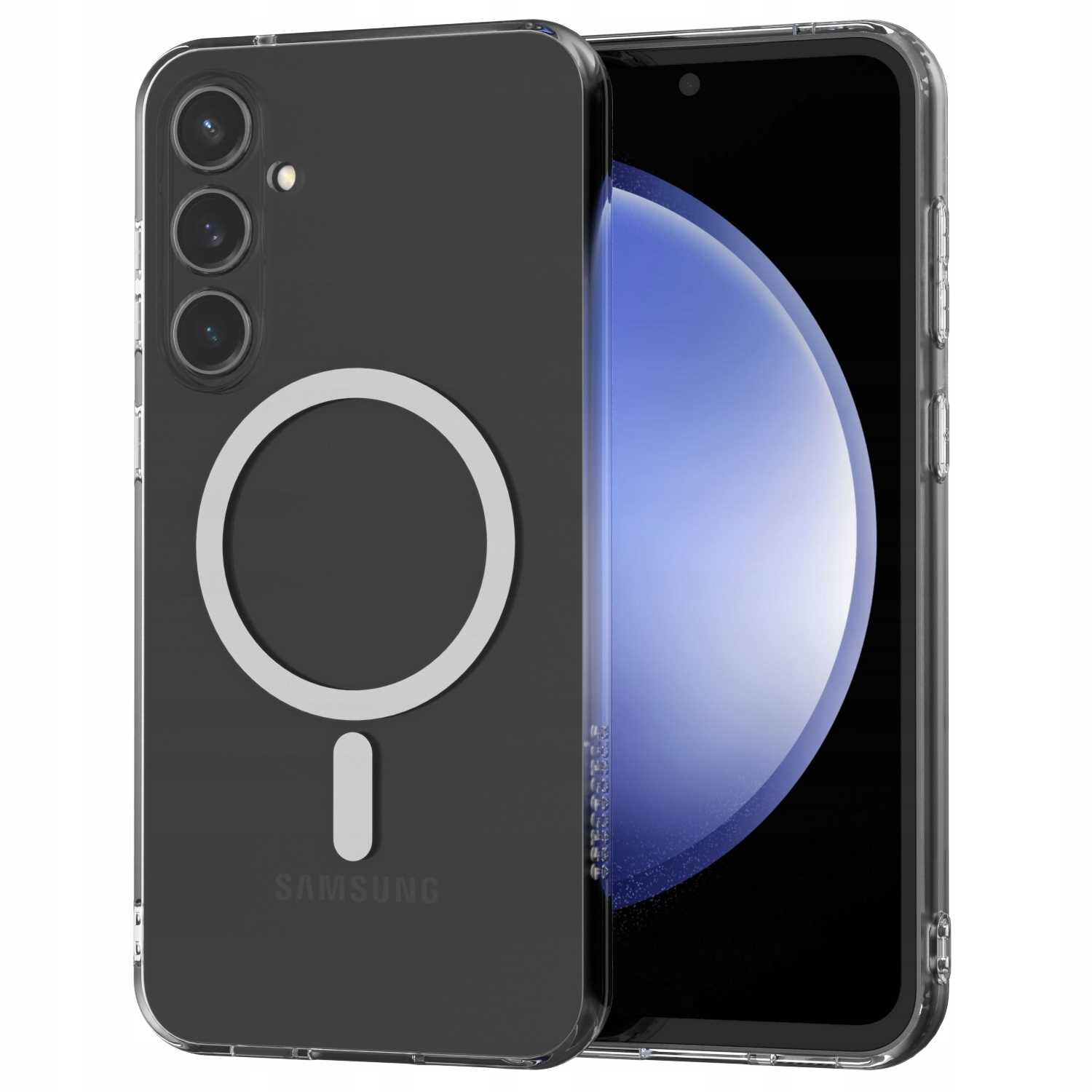 Czarne etui na telefon z okręgiem magsafe i telefonem z niebieskim gradientem.