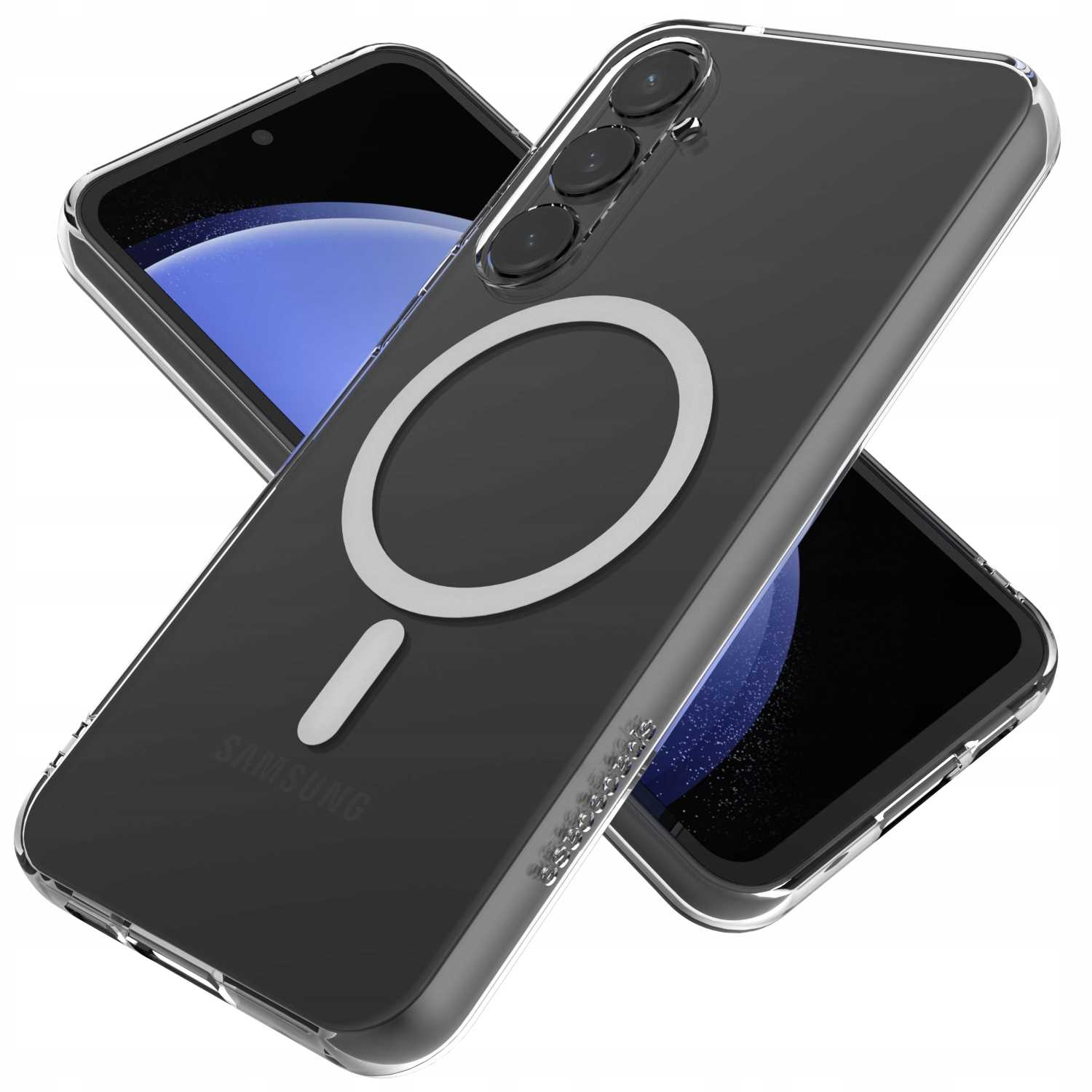 Czarne etui na telefon z okręgiem magsafe i trzema obiektywami aparatu.