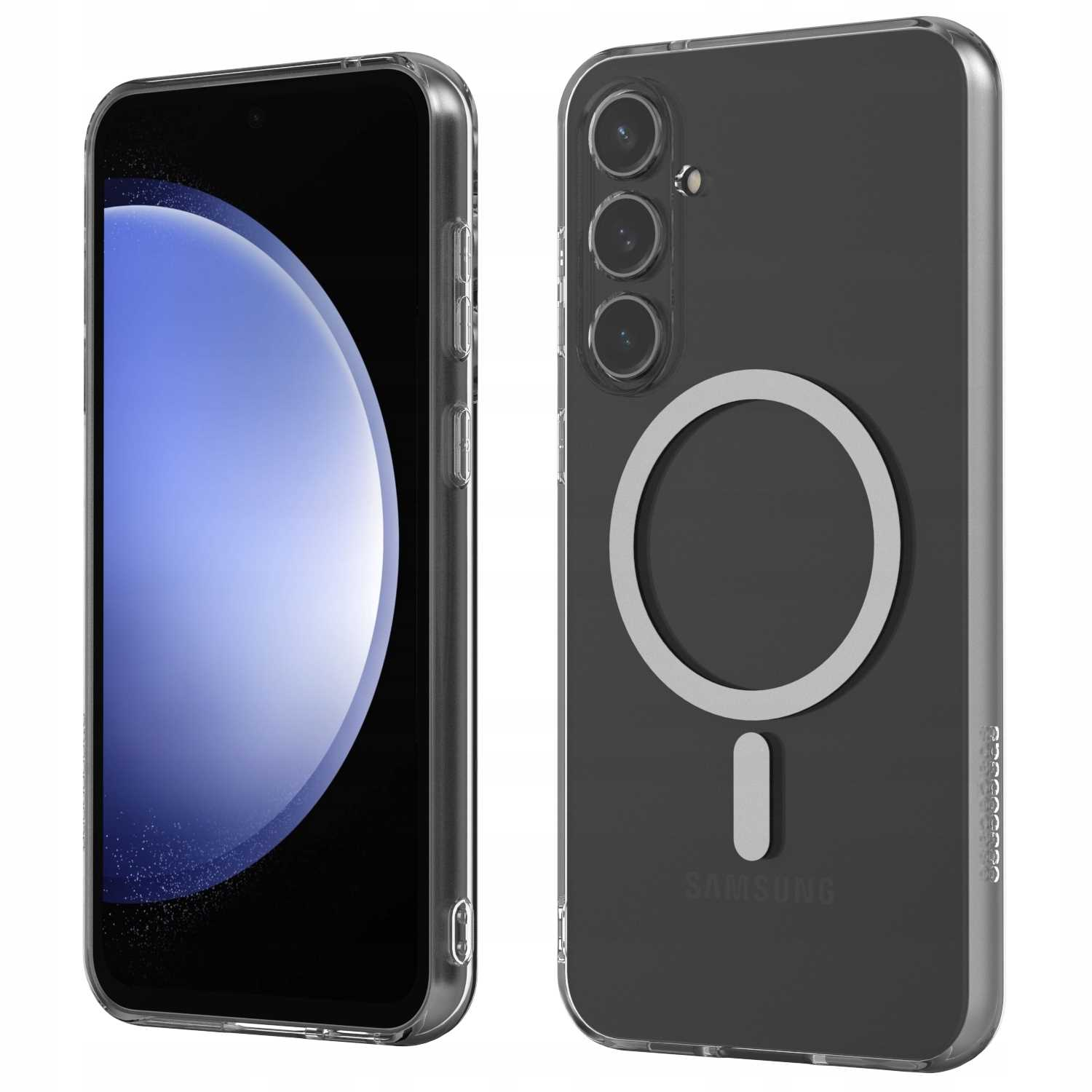 Dwa telefony obok siebie, jeden z przezroczystym tyłem i okręgiem magsafe.