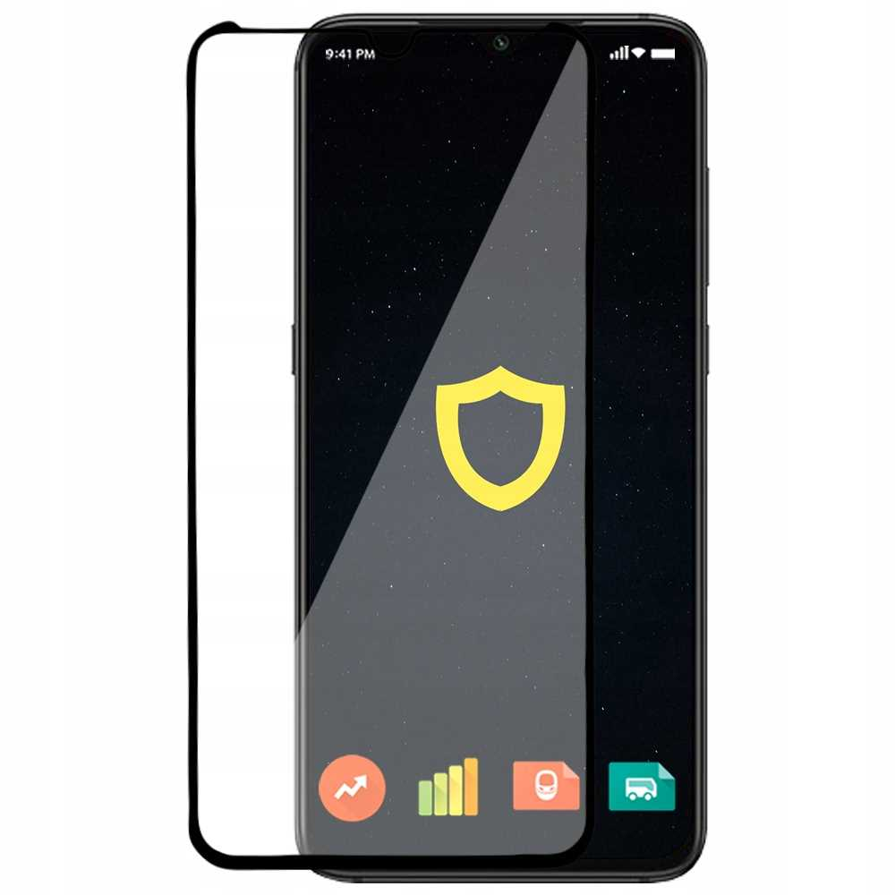 Smartfon z ochraniaczem ekranu. Ikona tarczy. Czarne tło.