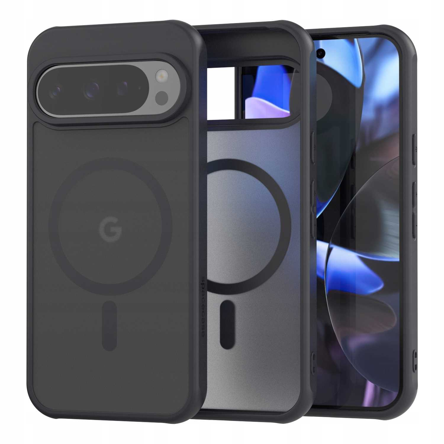 Trzy etui na telefon, dwa czarne i jedno przezroczyste, z Google i magnetycznym pierścieniem.