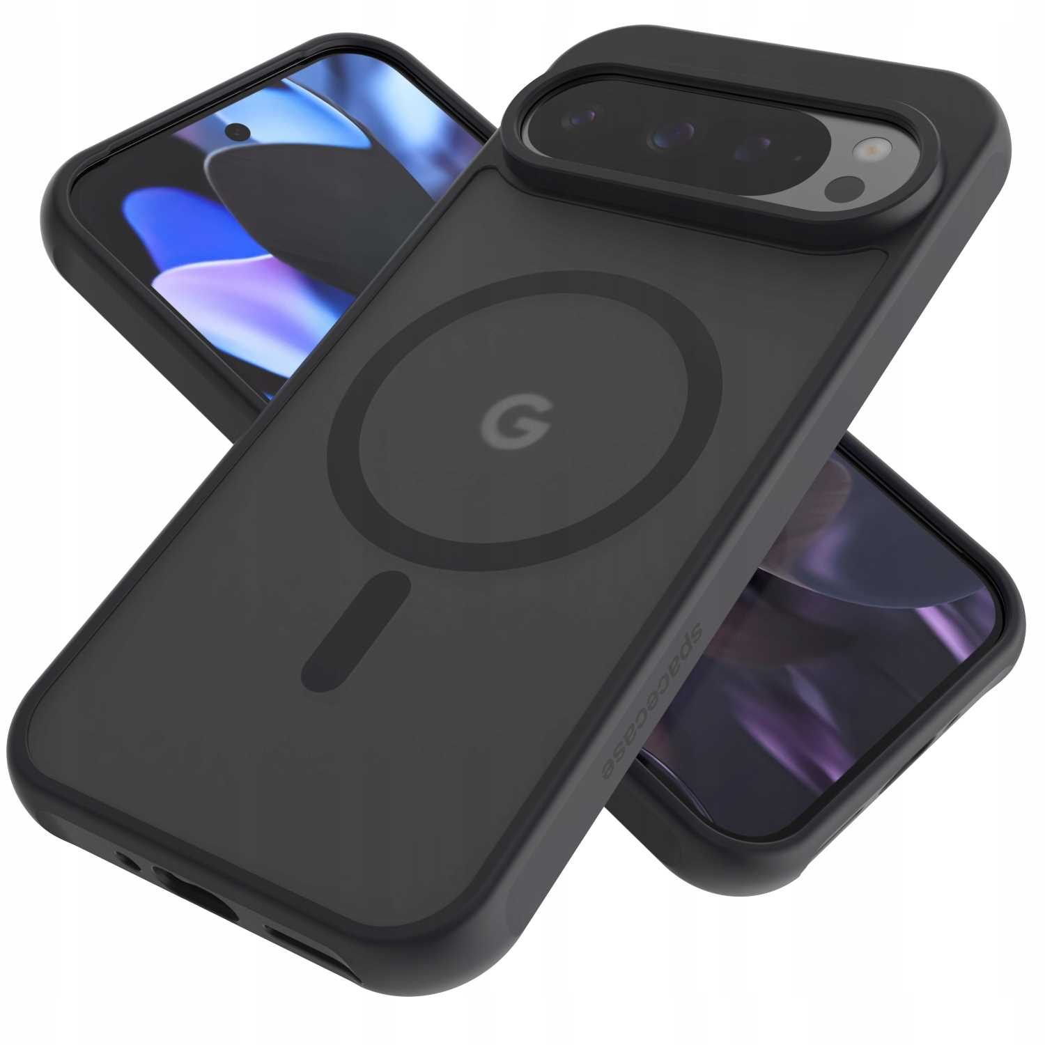 Czarne etui na telefon z wypukłością na aparat. Etui ma magnetyczny pierścień i logo Google.