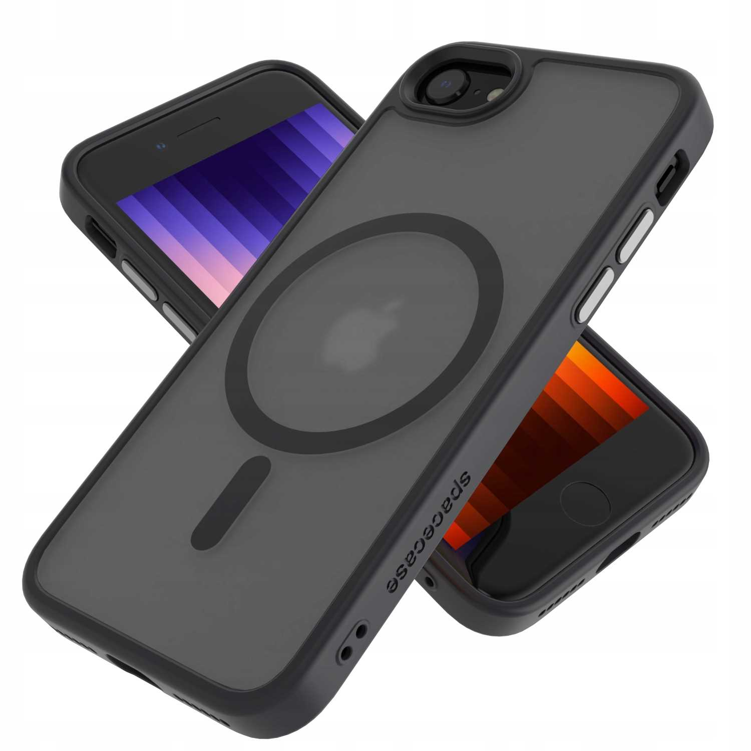 Czarne etui na telefon z logo Apple i napisem Spacecase. Widoczne dwa telefony.