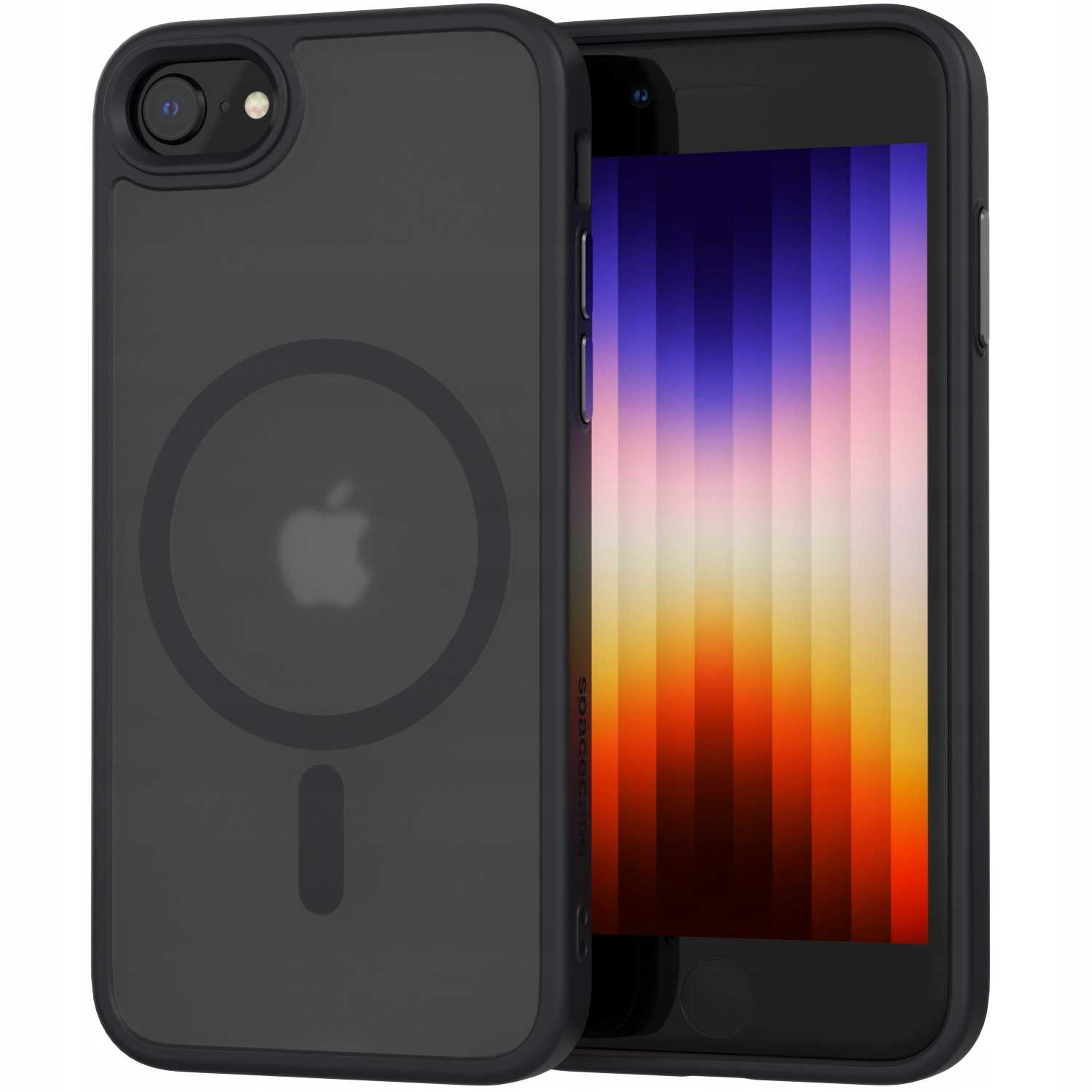 Czarne etui na telefon z magnetycznym pierścieniem i logo Apple. Telefon jest widoczny za etui.