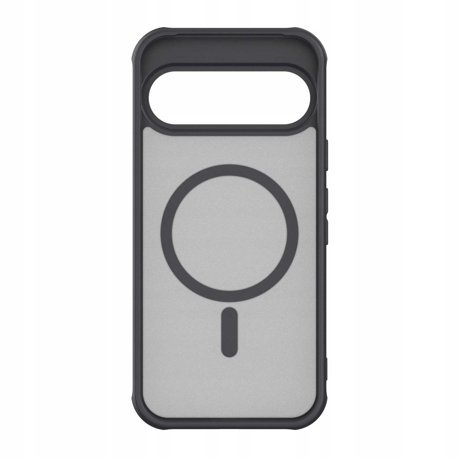 Etui na telefon, czarna ramka ze srebrnym tyłem. Etui ma kształt magnetycznego pierścienia.