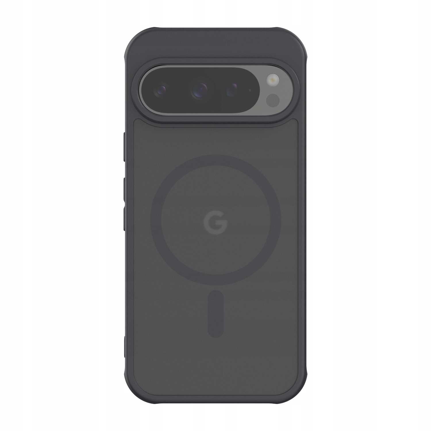 Czarne etui na telefon z wypukłością na aparat i logo Google. Etui ma kształt magnetycznego pierścienia.