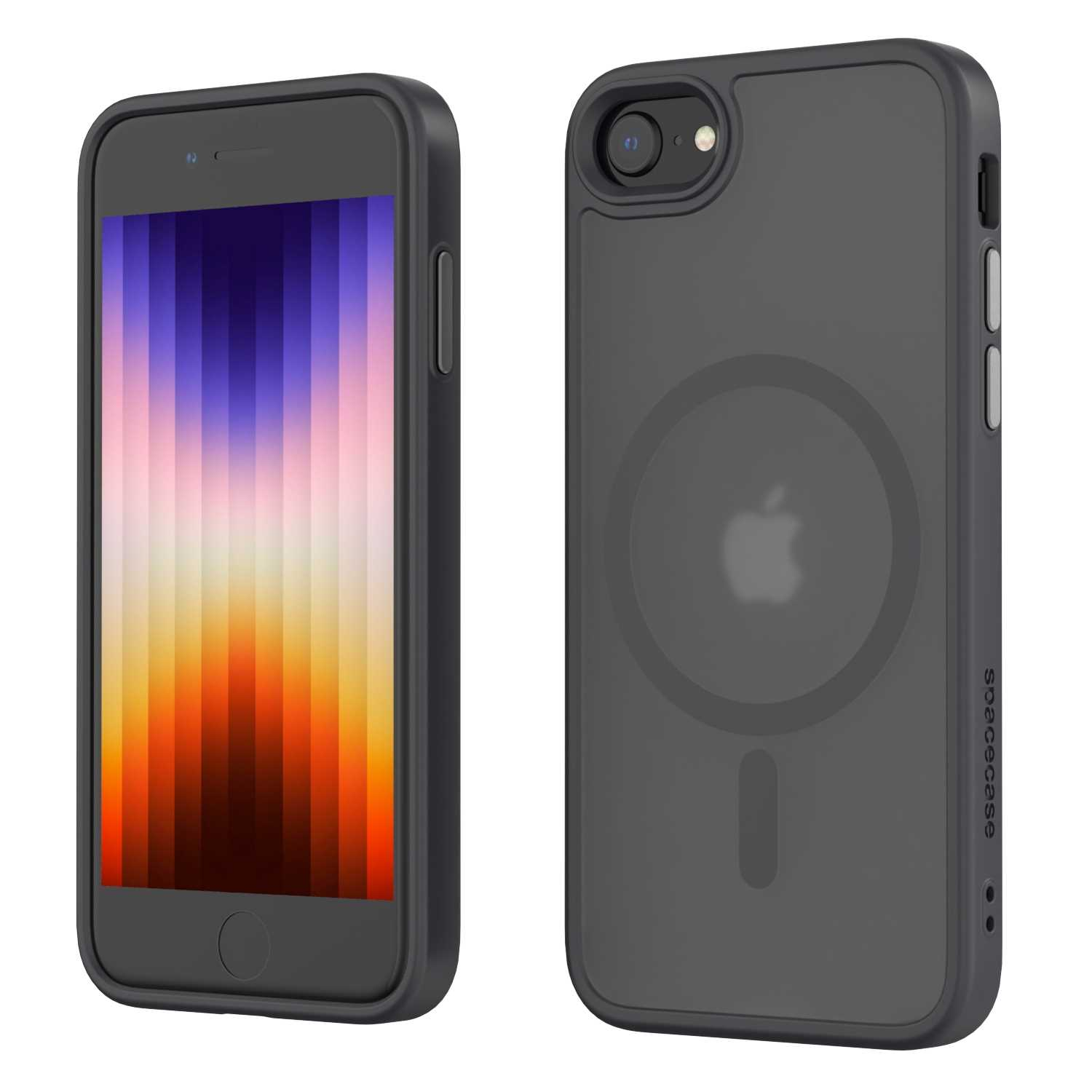 Dwa telefony, jeden z etui. Widoczny tekst Spacecase i logo Apple.