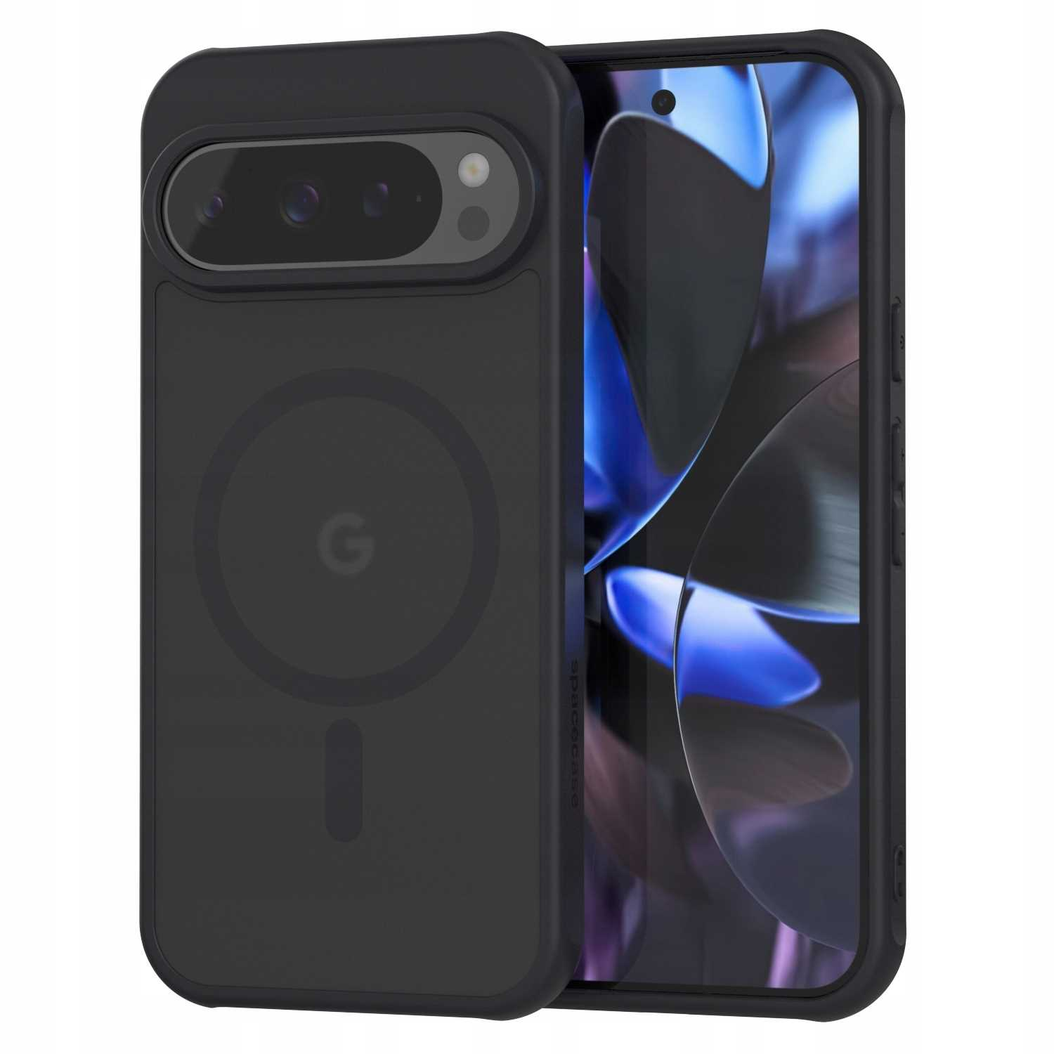 Czarne etui na telefon z telefonem w środku i wypukłością na aparat. Logo Google widoczne. Etui ma magnetyczny pierścień.