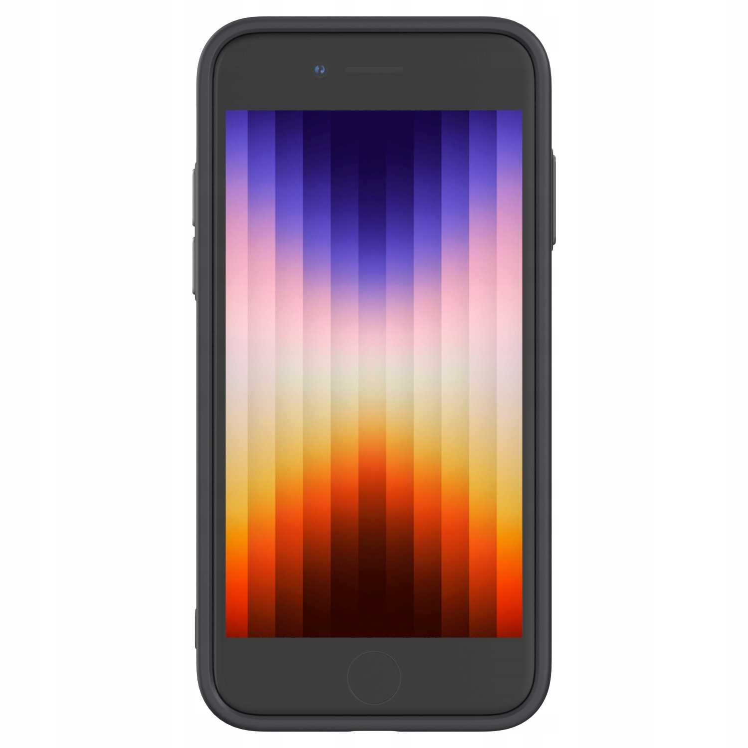Czarne etui na telefon wokół telefonu. Ekran telefonu wyświetla kolorowy, pionowy gradient.