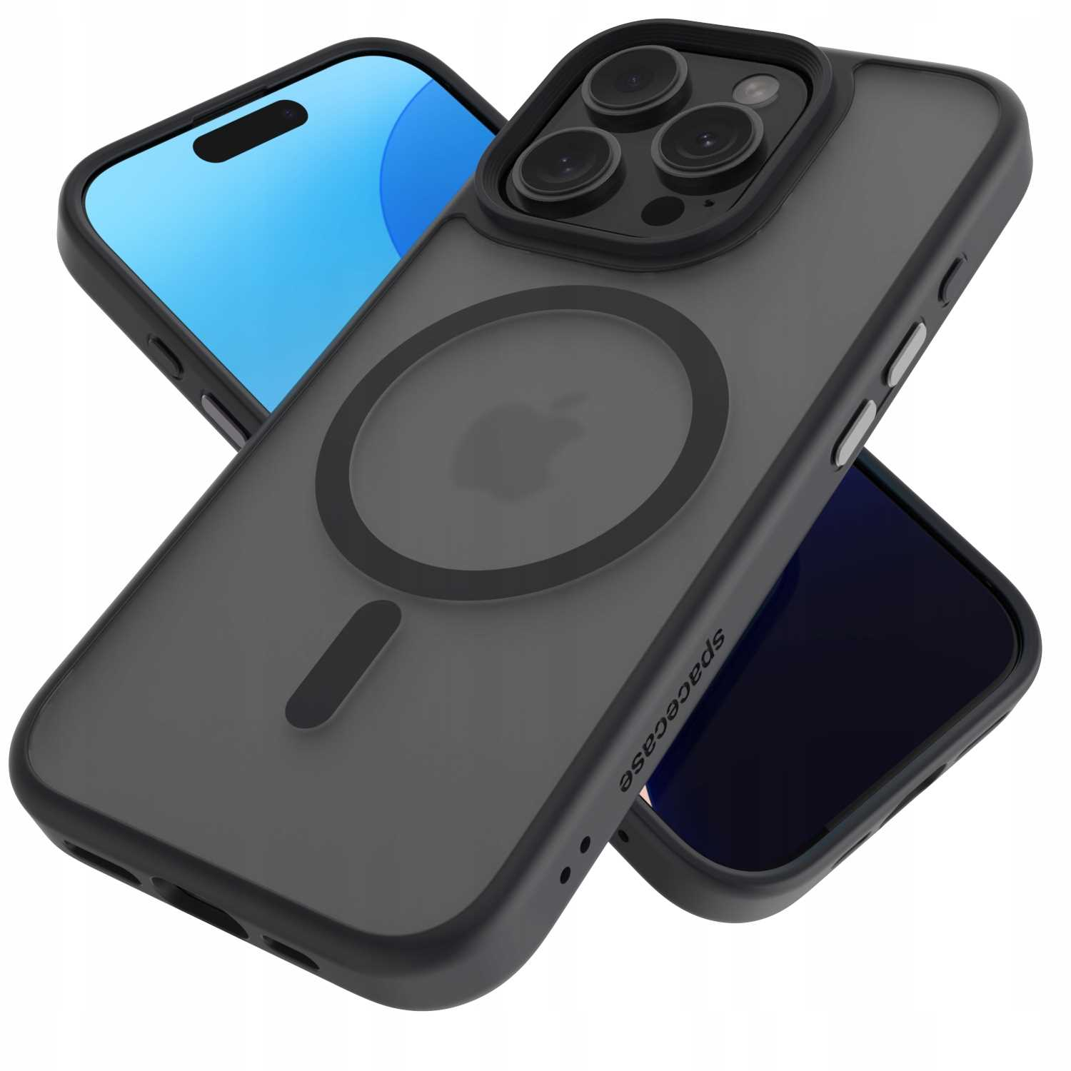 Czarne etui na telefon z logo Apple i napisem Spacecase. Trzy telefony w kadrze.
