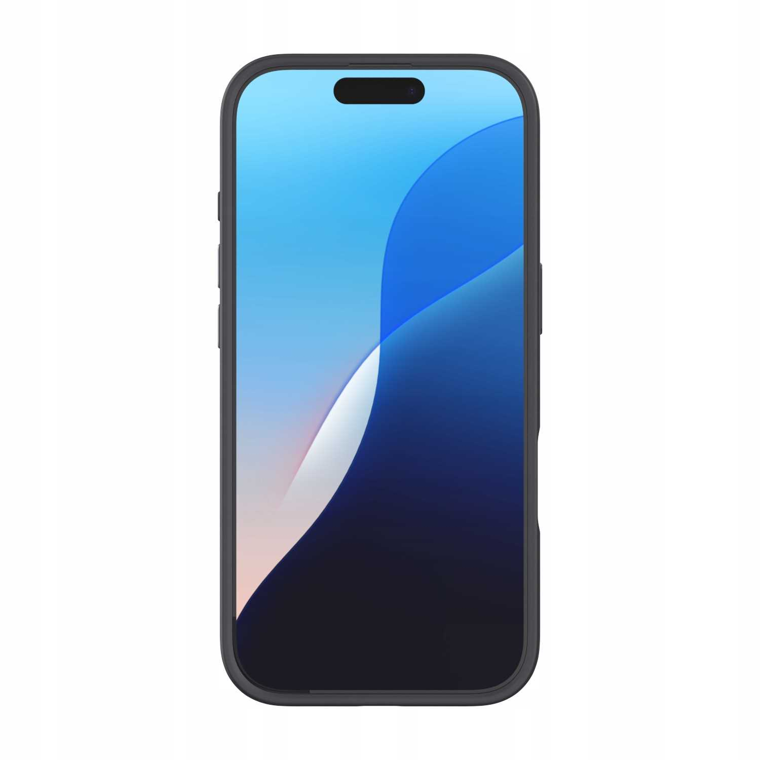 Telefon z czarną ramką, pokazujący niebiesko-biały gradient. Etui jest ciemne.