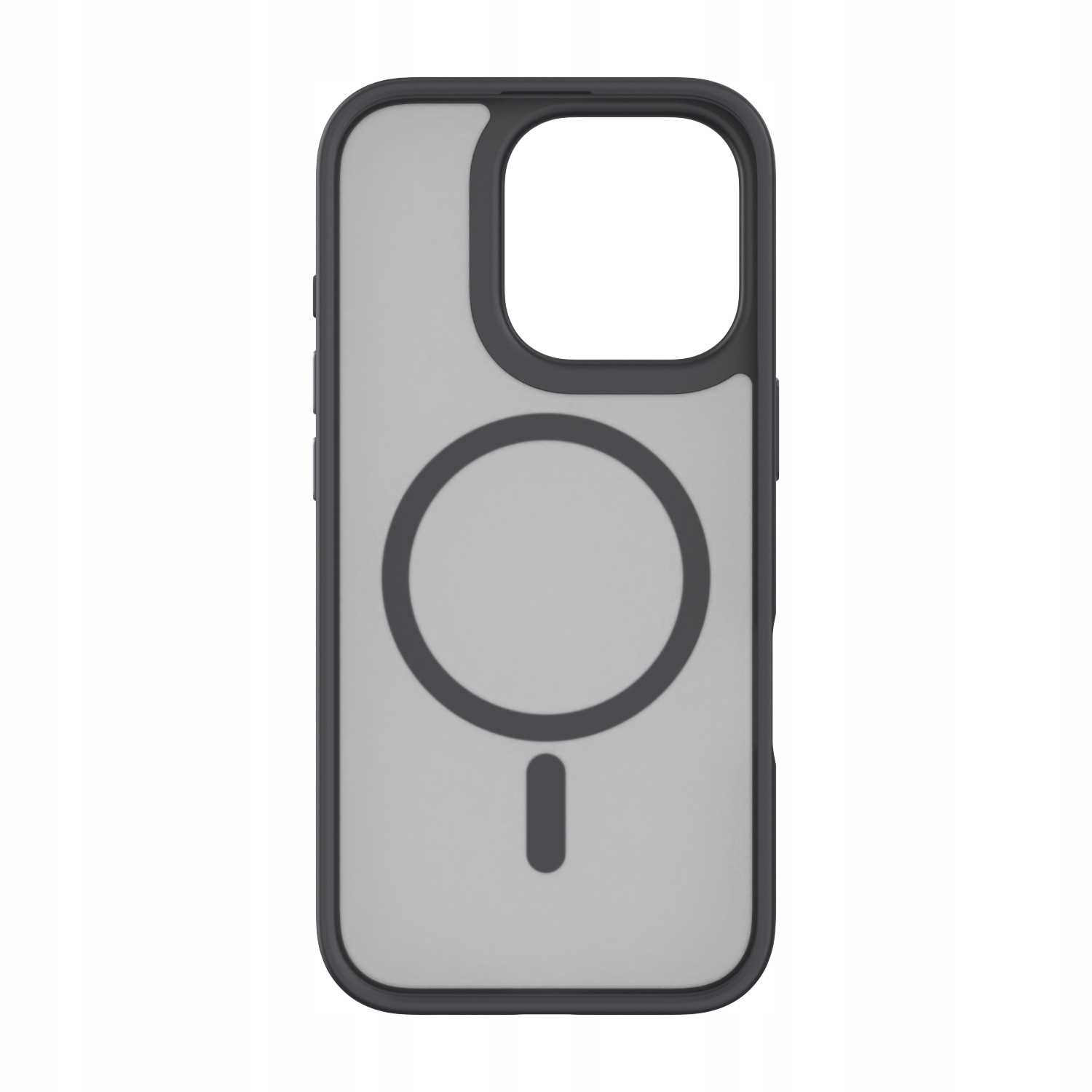 Szare etui na telefon z czarną obwódką. Ma okrąg i symbol minusa na środku oraz wycięcie na aparat.