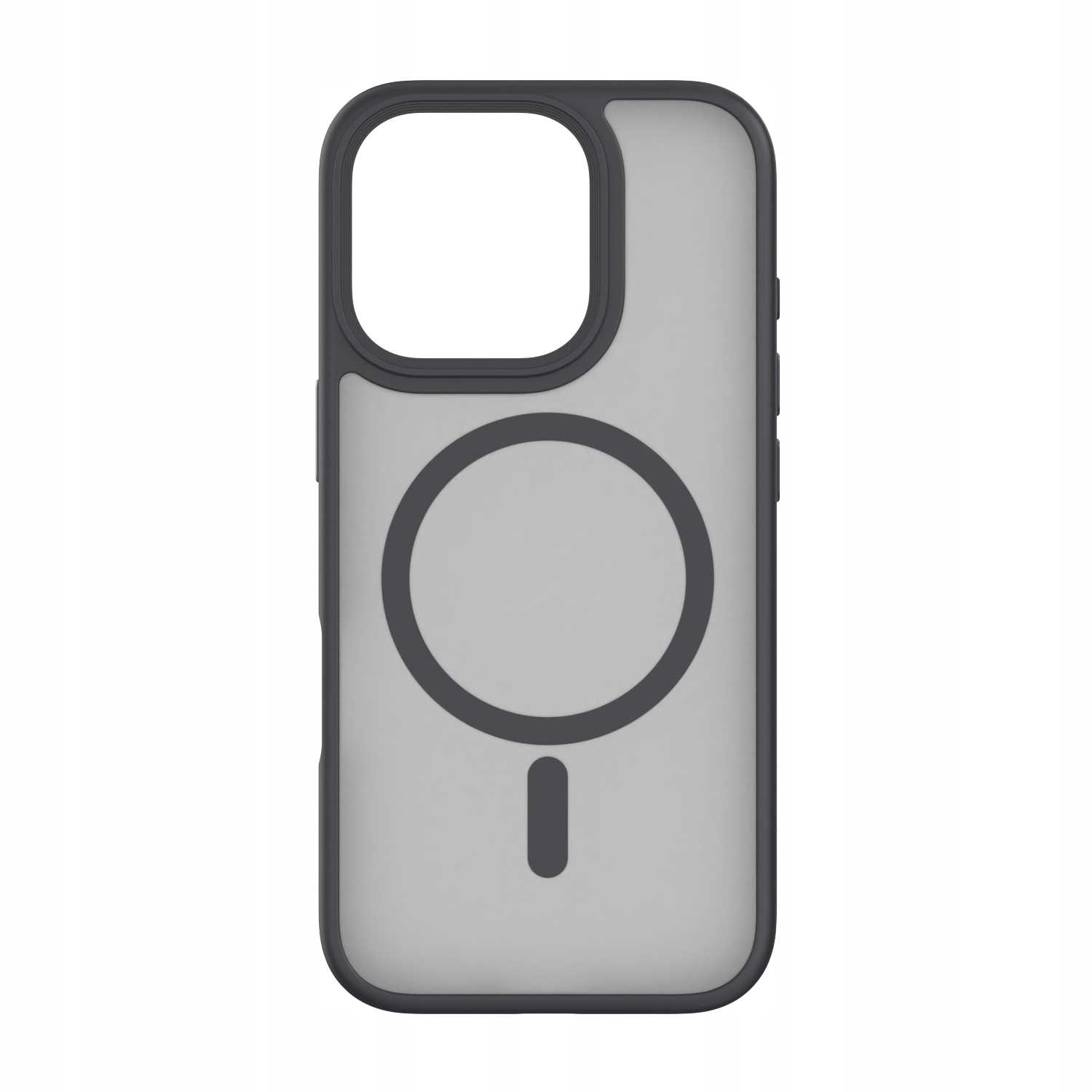 Szare etui na telefon z czarną ramką, okręgiem i znakiem minus. Etui ma wycięcie na aparat.