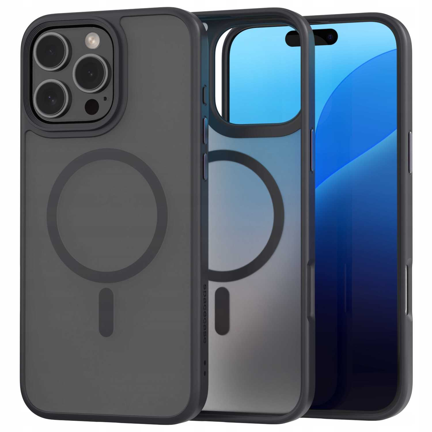 Trzy telefony. Jeden z czarnym etui, jeden z niebieskim ekranem, jeden z przezroczystym.