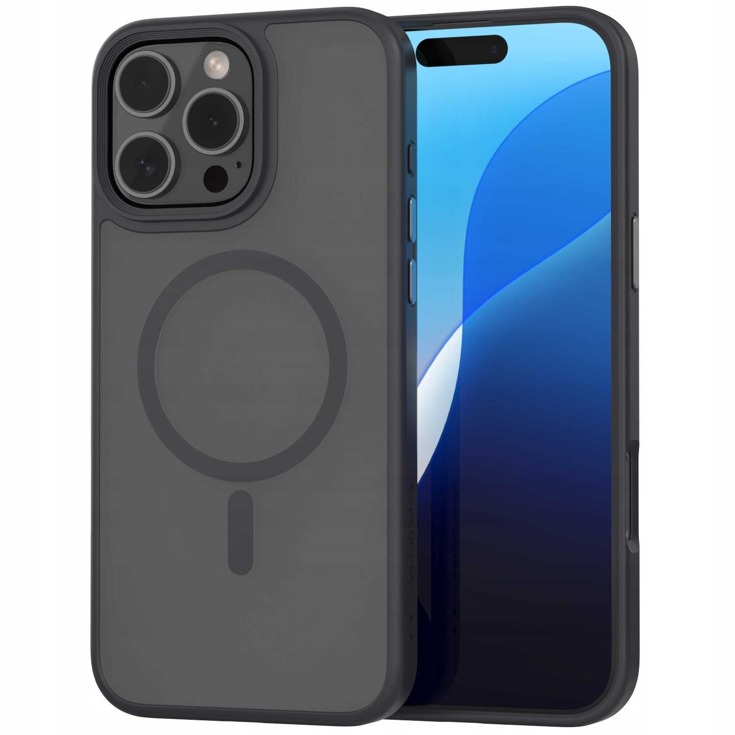 Telefon i etui, z czarnym etui, niebiesko-białym wyświetlaczem i układem kamer.