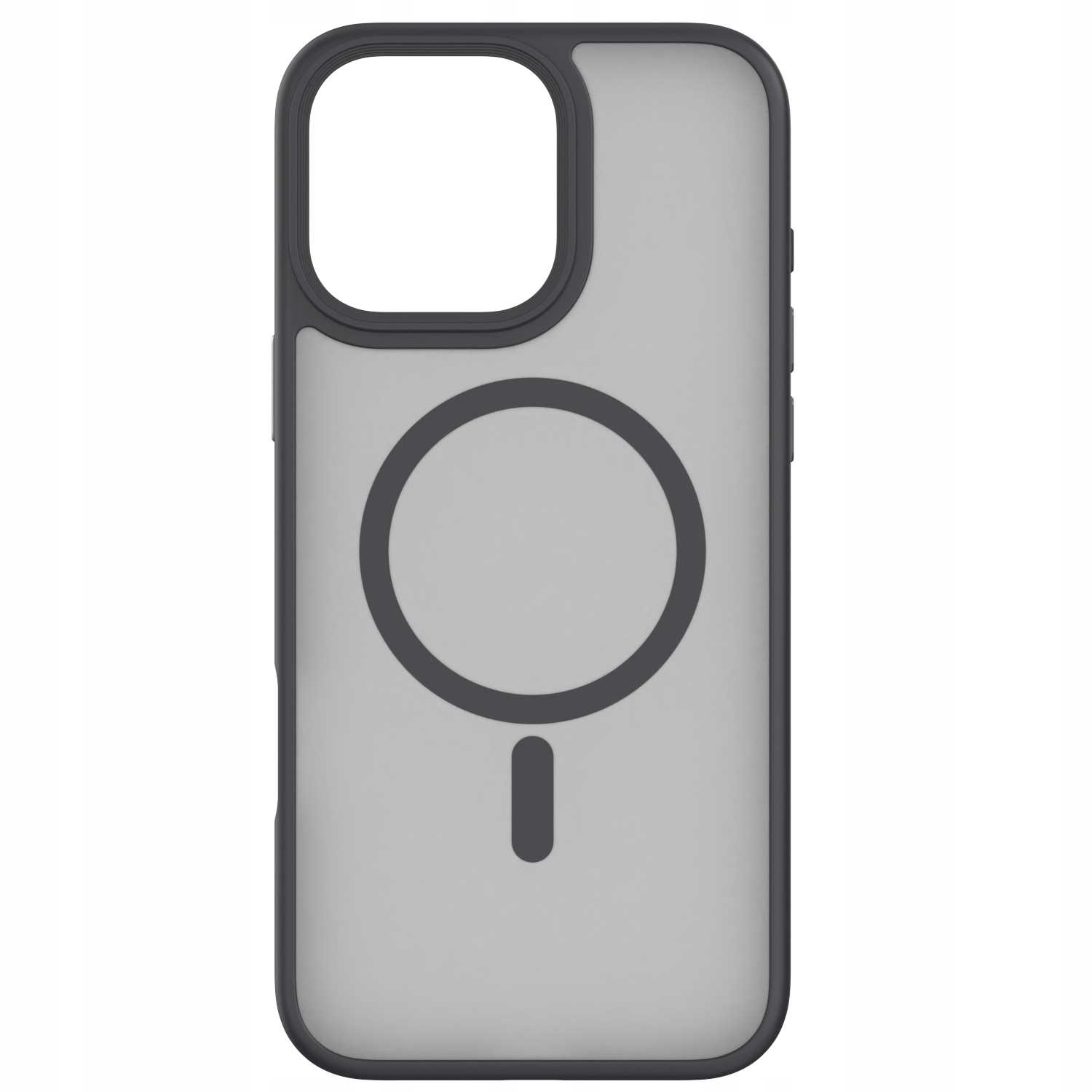 Szare etui na telefon z czarną obwódką. Ma okrąg i symbol minusa na środku.