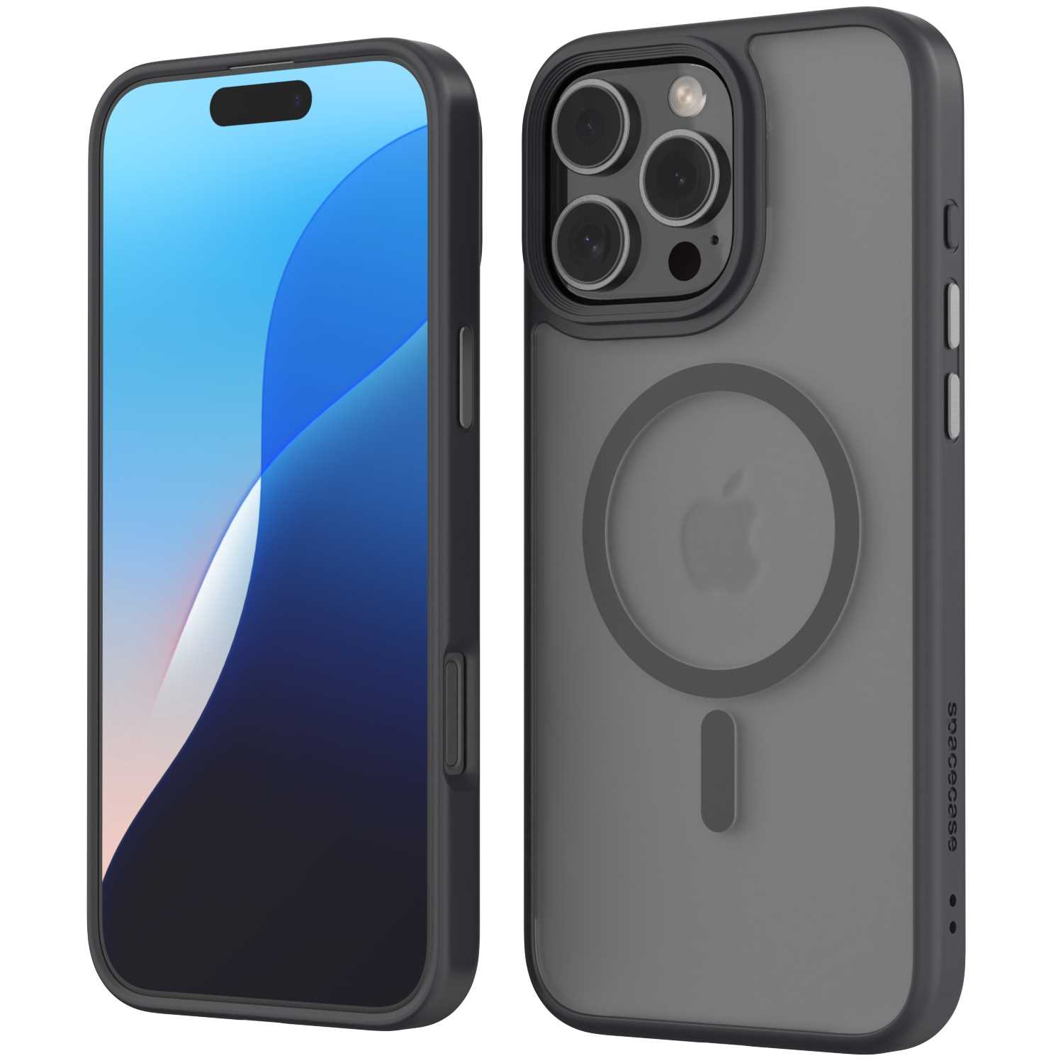 Dwa telefony z etui. Jeden wyświetla niebieski ekran, drugi tył z logo.