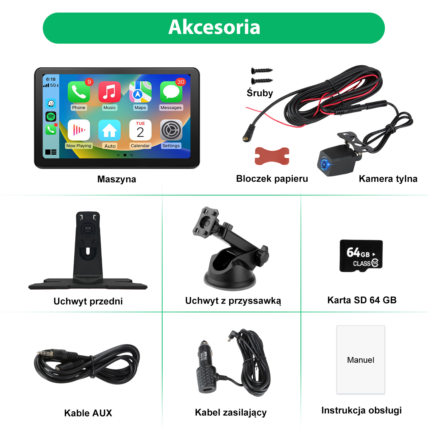 Obraz przedstawia zestaw akcesoriów samochodowych, w tym ekran, kable i uchwyty, opisane w języku polskim.