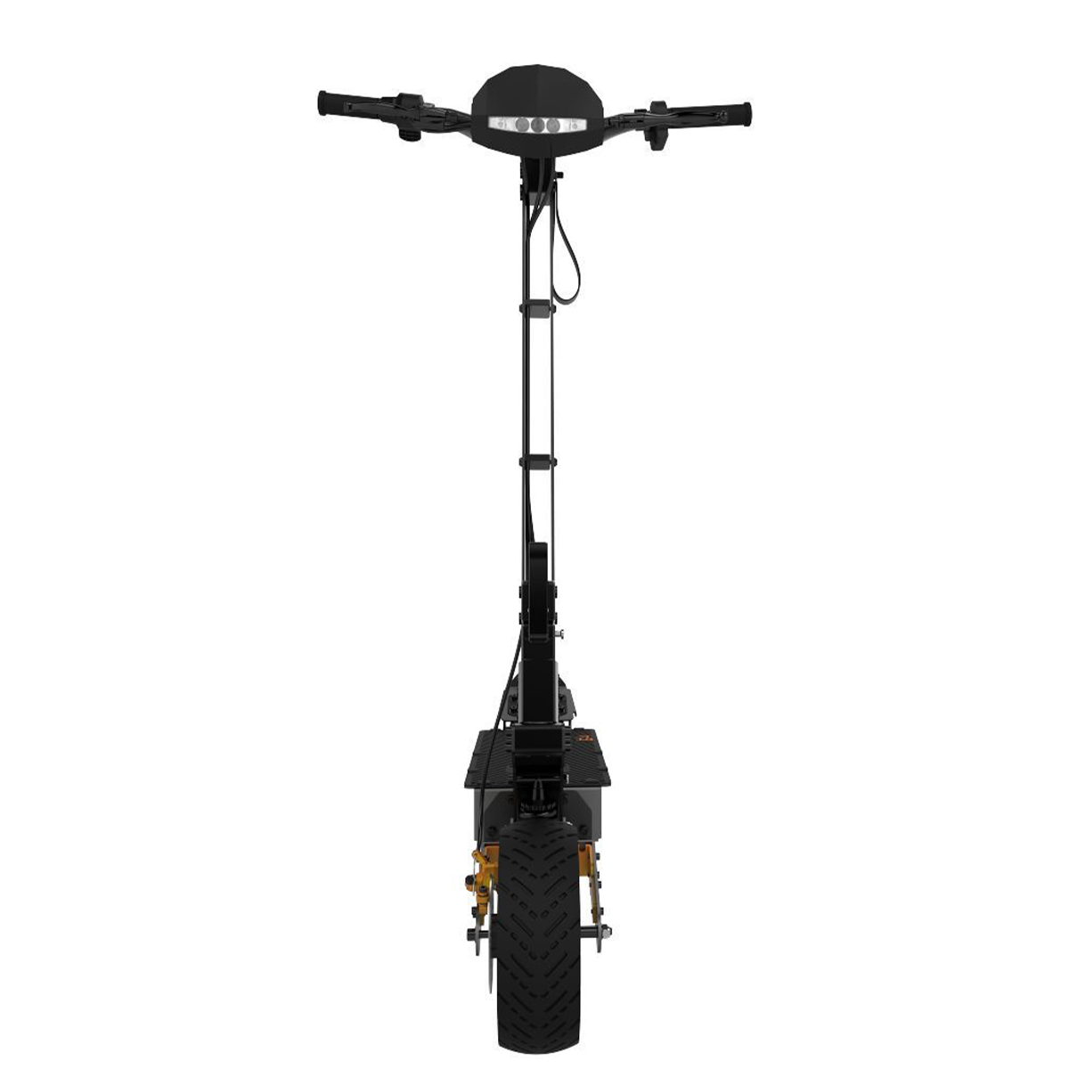 Widok z przodu hulajnogi elektrycznej. Czarny korpus, złote zawieszenie i jasny reflektor. Białe tło.
