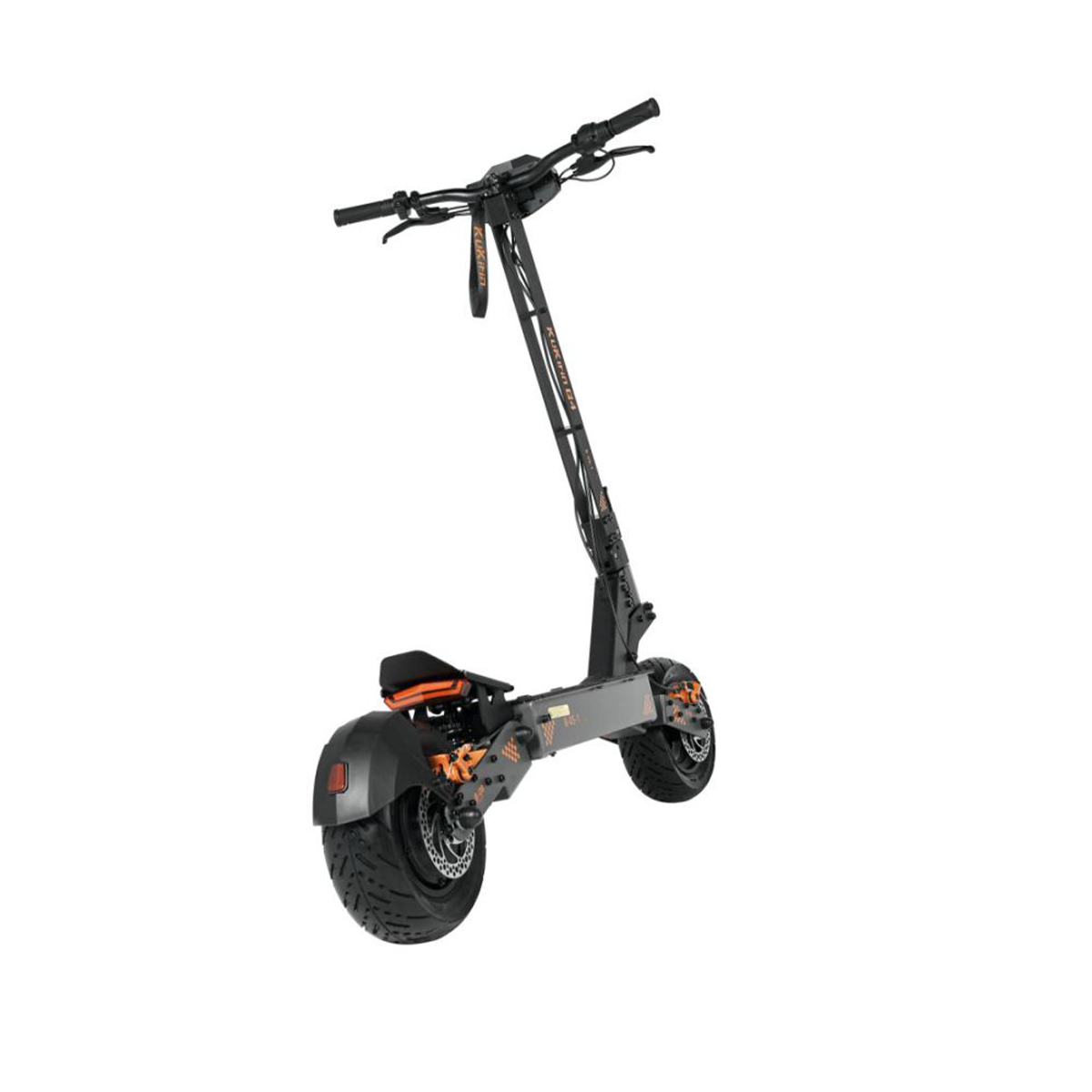 Hulajnoga elektryczna, widok z tyłu. Szary korpus, pomarańczowe akcenty. Czarne opony, podpórka. Białe tło.