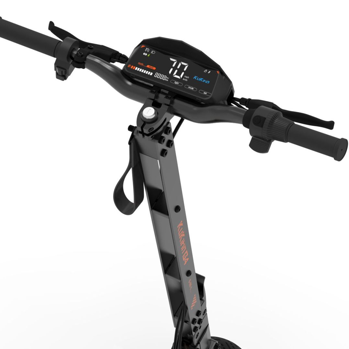 Kierownica hulajnogi, czarna. Cyfrowy wyświetlacz z prędkością i baterią. Pomarańczowe logo KUKIRIN.