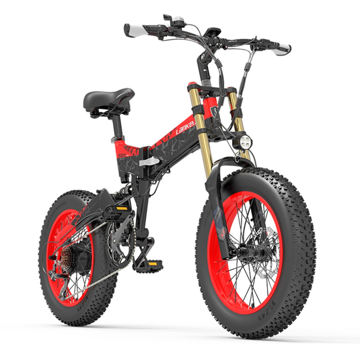 Czerwono-czarny elektryczny fat bike z grubymi oponami, przednim zawieszeniem i reflektorem.