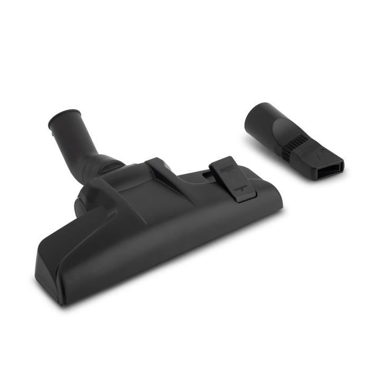 Czarne nasadki do odkurzacza na białej powierzchni. Zawiera głowicę główną i mniejszą dyszę. Tło jest białe.