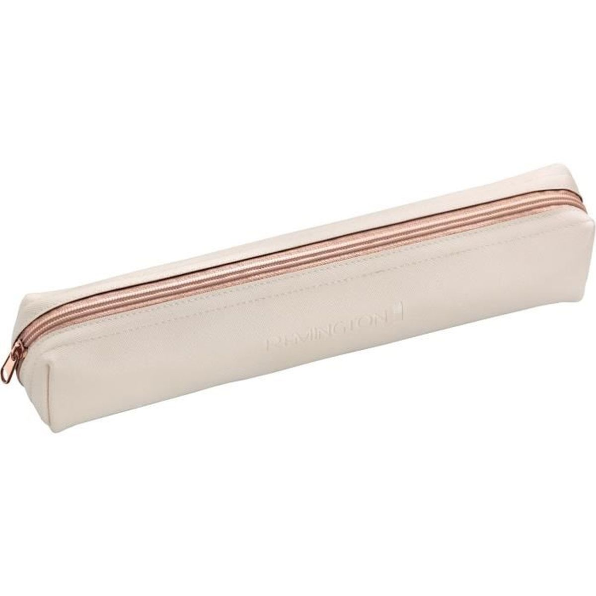 Kremowe, prostokątne piórnik z zamkiem błyskawicznym w kolorze różowego złota i nadrukiem "Remington".