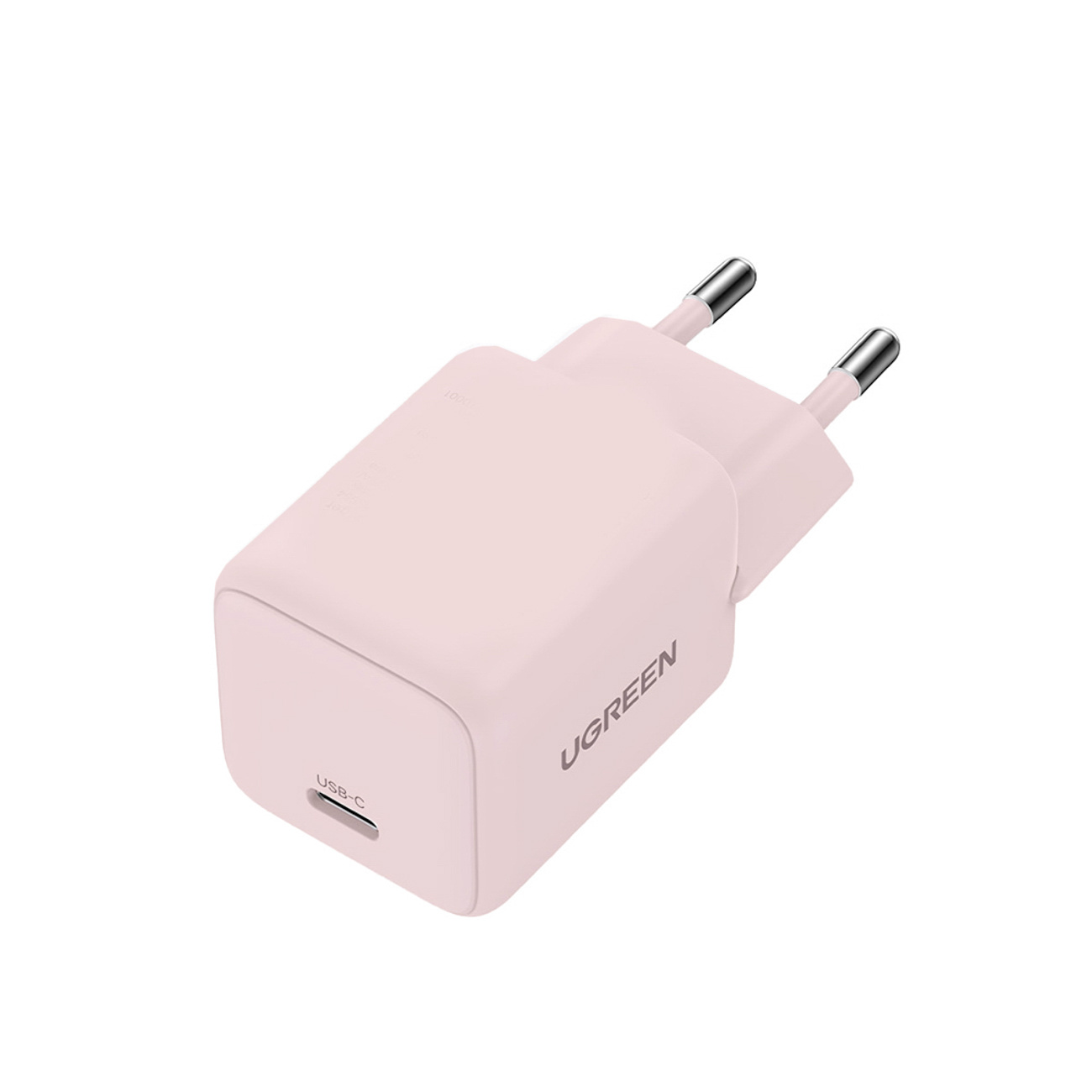 Różowa ładowarka USB-C UGREEN z dwoma bolcami. Ładowarka ma kształt kwadratu.