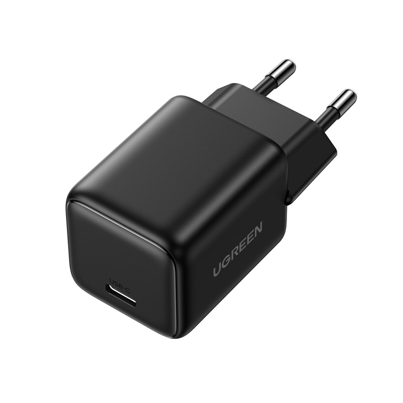 Czarna ładowarka USB-C UGREEN z dwoma bolcami. Jest skierowana w górę i ma port USB-C.