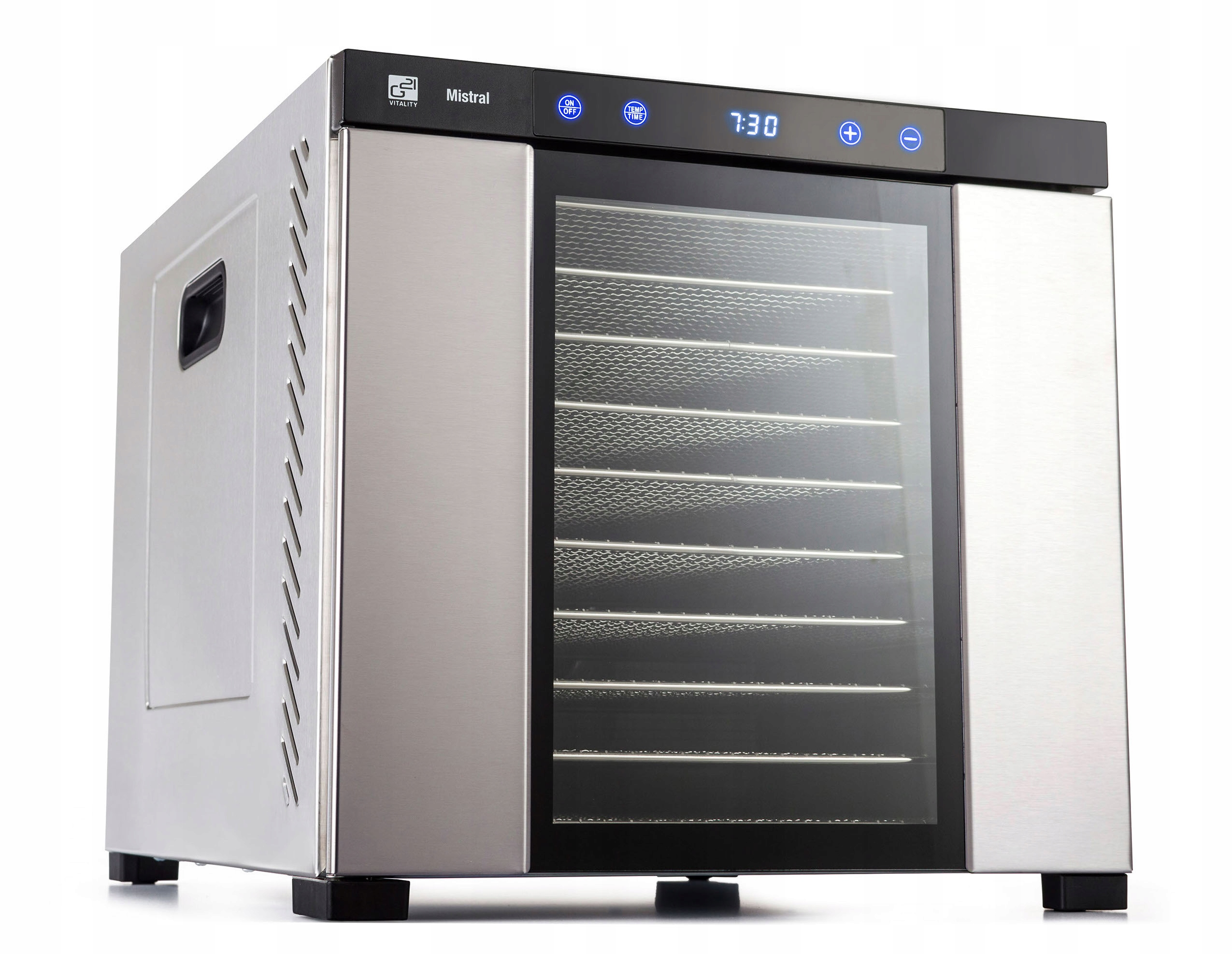 Suszarka do żywności ze stali nierdzewnej ze szklanymi drzwiami.