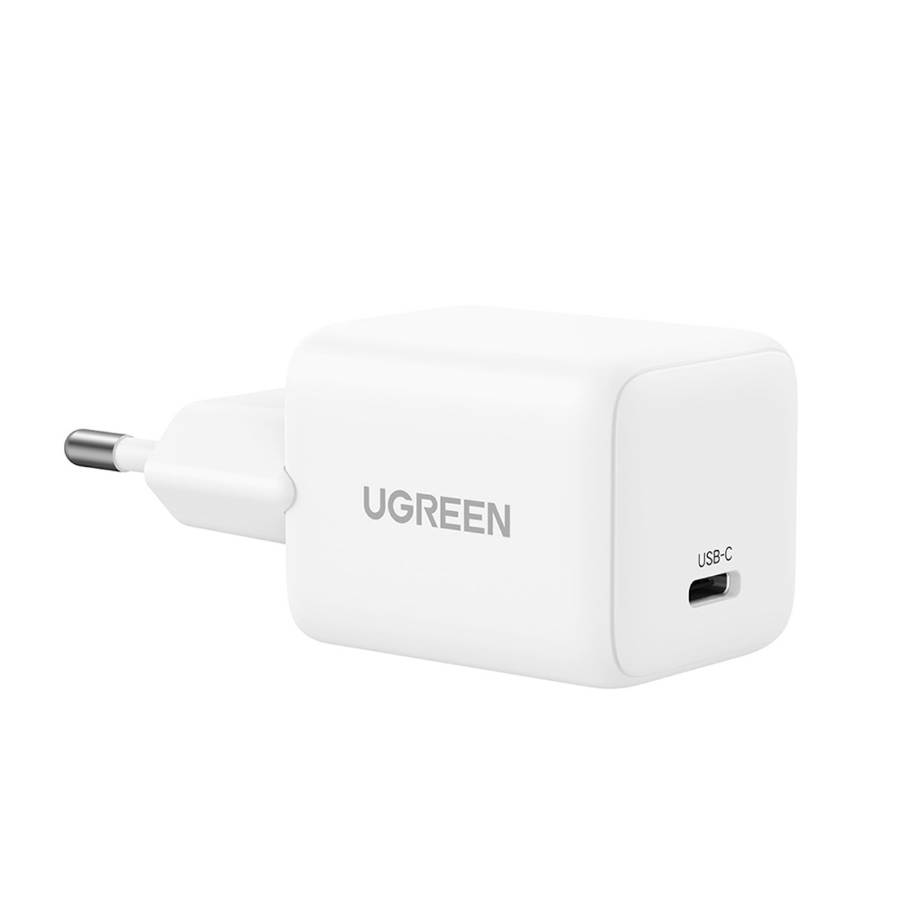 Biała ładowarka USB-C UGREEN z jednym bolcem. Ma kwadratowy kształt.