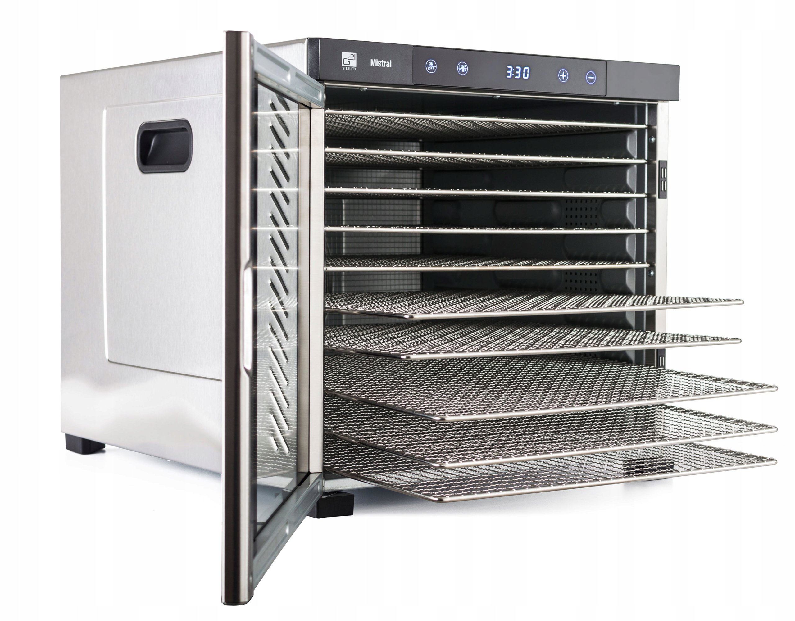 Suszarka do żywności ze stali nierdzewnej. Drzwi są otwarte, odsłaniając wiele siatkowych tac wewnątrz.