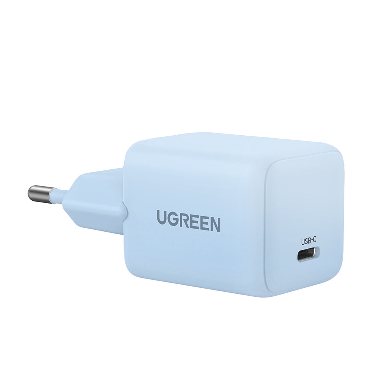 Jasnoniebieska ładowarka UGREEN z portem USB-C i wtyczką UE.