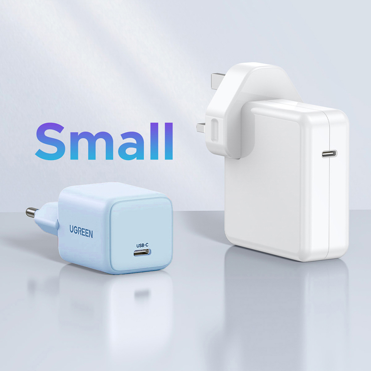 Dwie ładowarki, jedna biała, druga jasnoniebieska. Biała ma wtyczkę brytyjską, niebieska europejską.